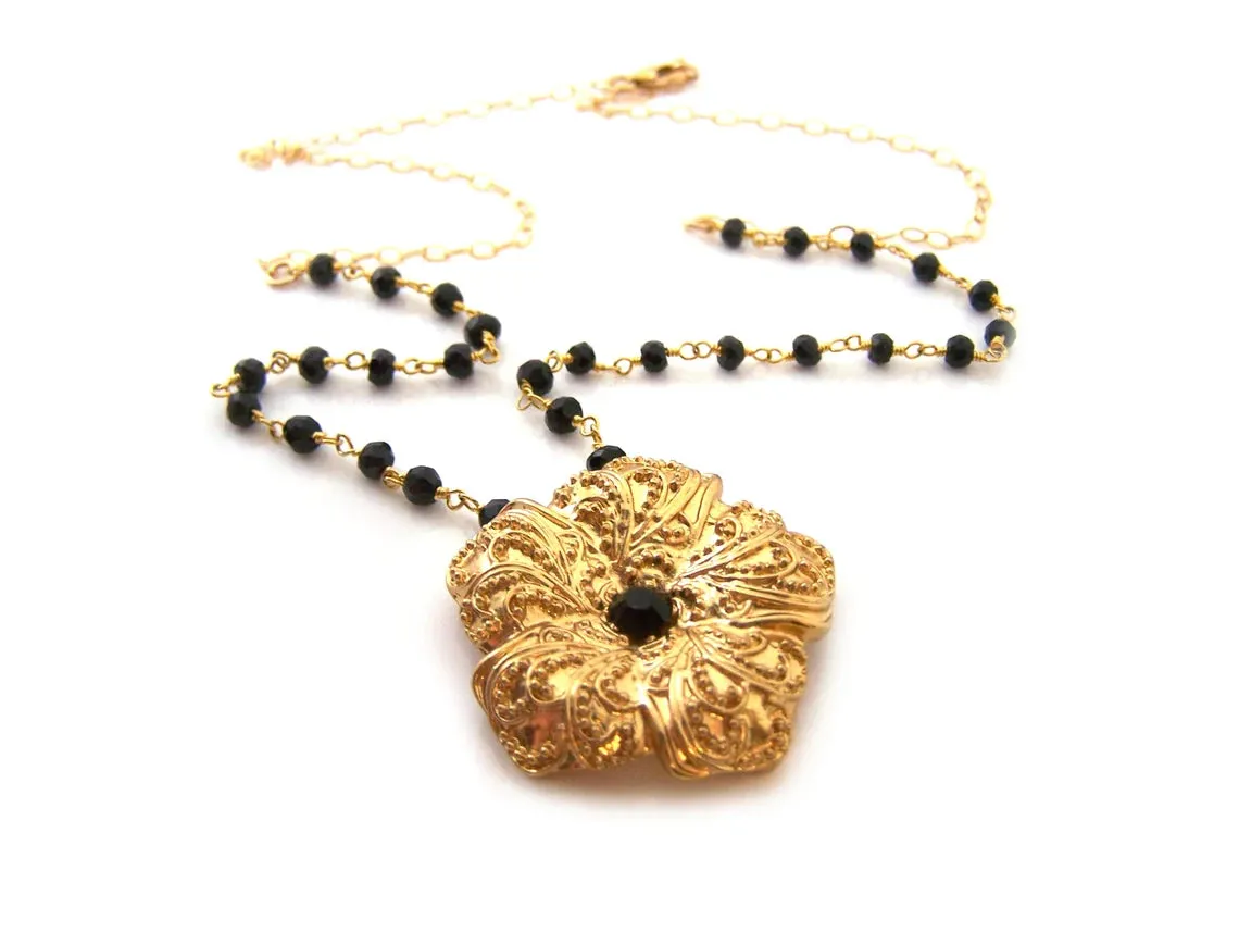Gold Flower Black Onyx Gemstone Ornate Vintage Inspired OOAK Gold Filled Wire Wrapped Necklace