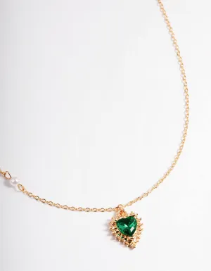 Gold Green & Diamante Heart Pendant Necklace