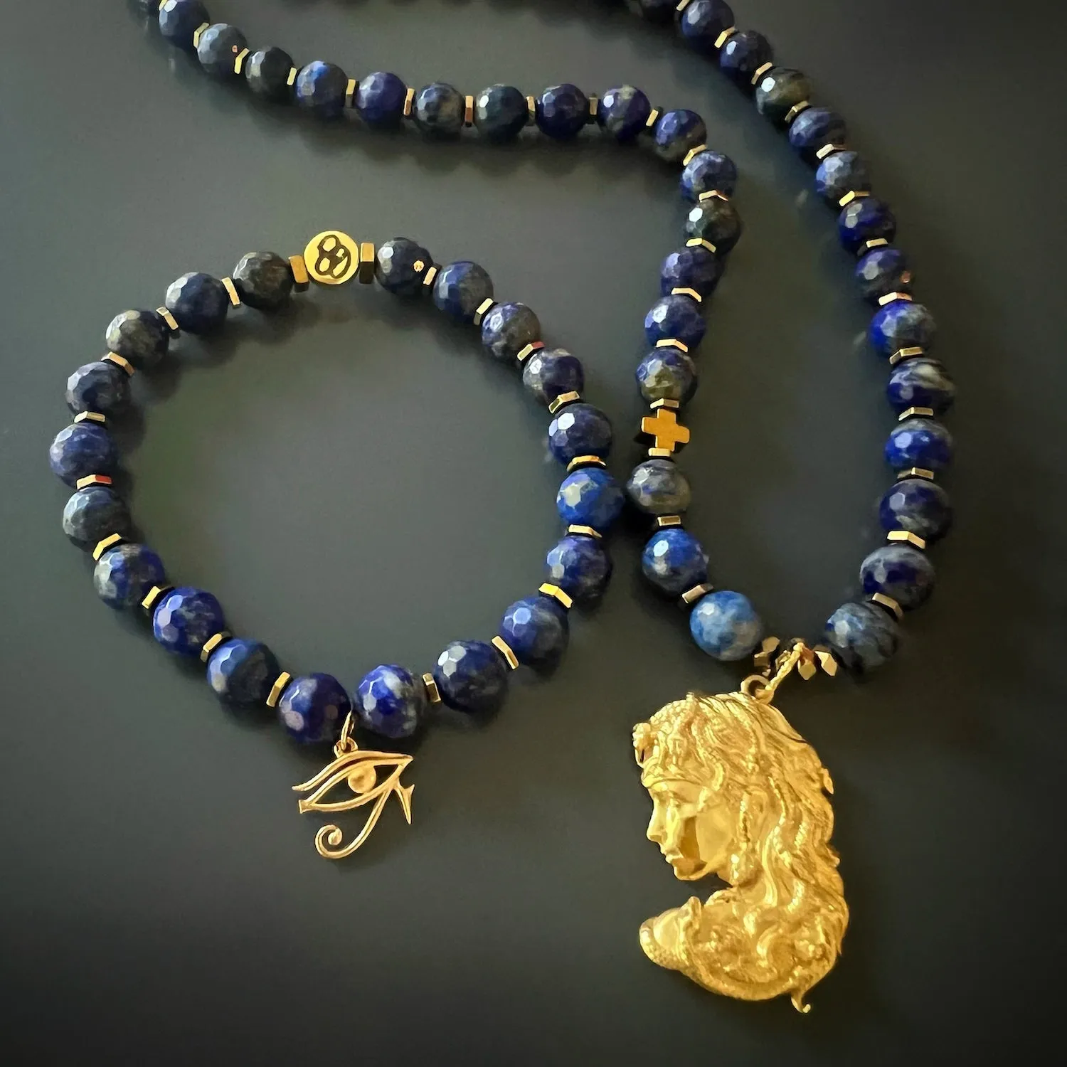 Gold Medusa Pendant Lapis Lazuli Stone Beaded Necklace