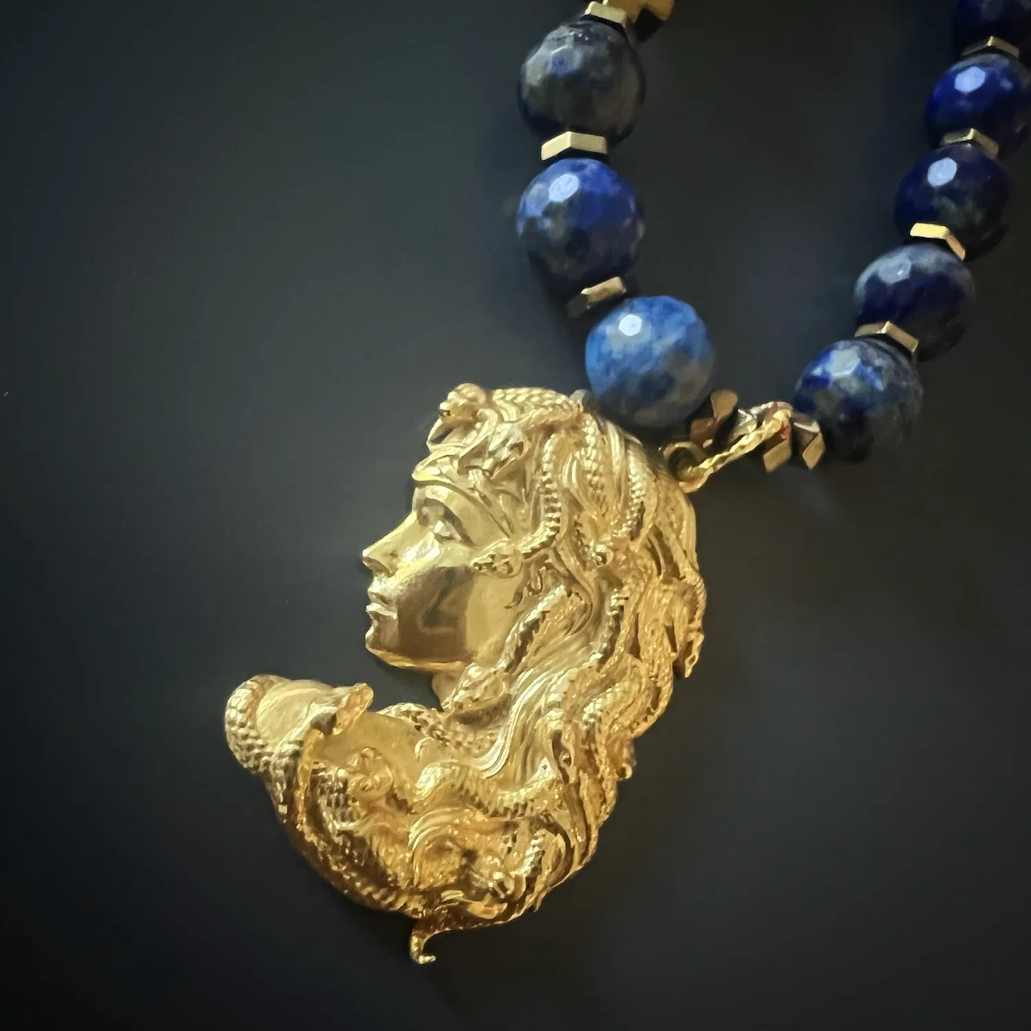 Gold Medusa Pendant Lapis Lazuli Stone Beaded Necklace
