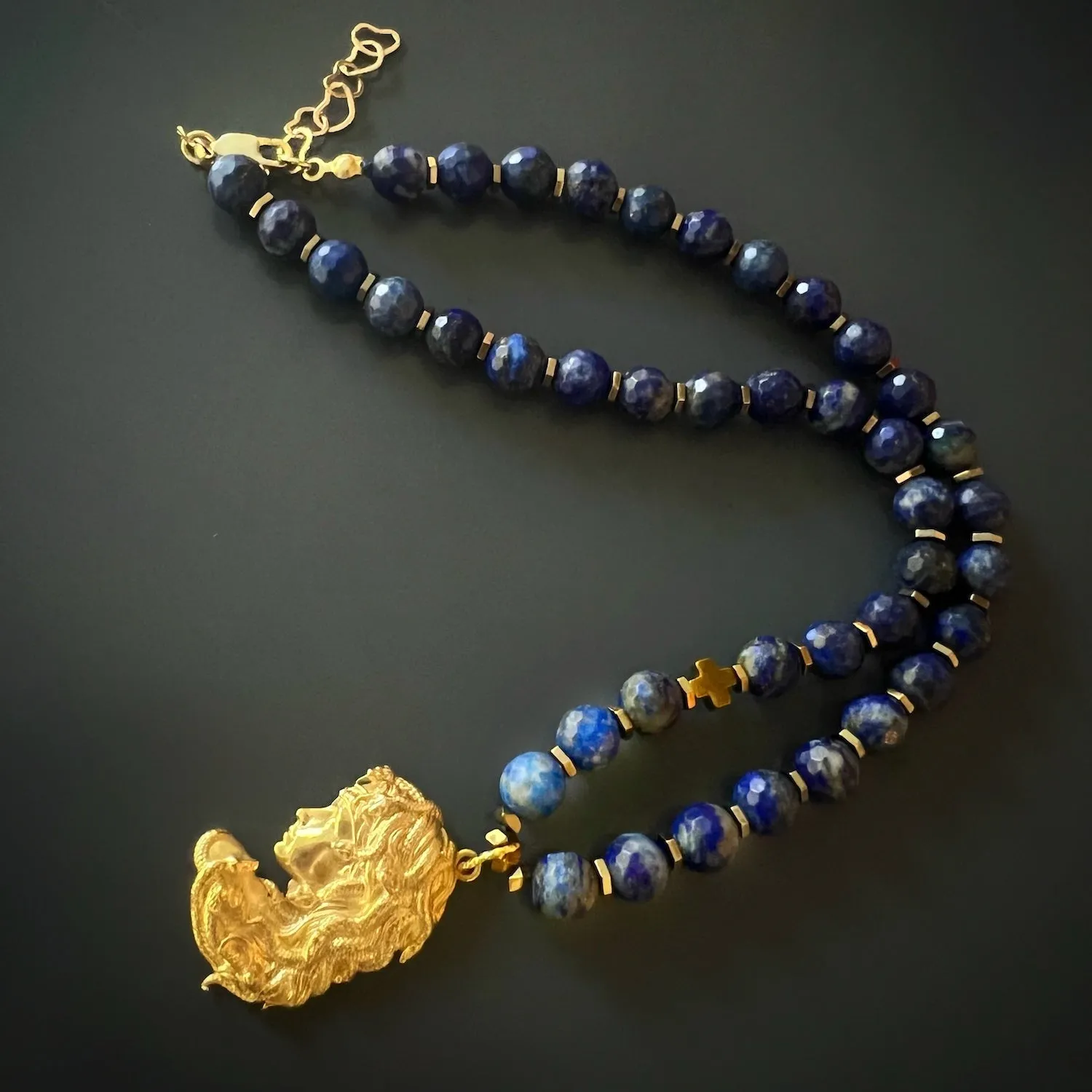 Gold Medusa Pendant Lapis Lazuli Stone Beaded Necklace