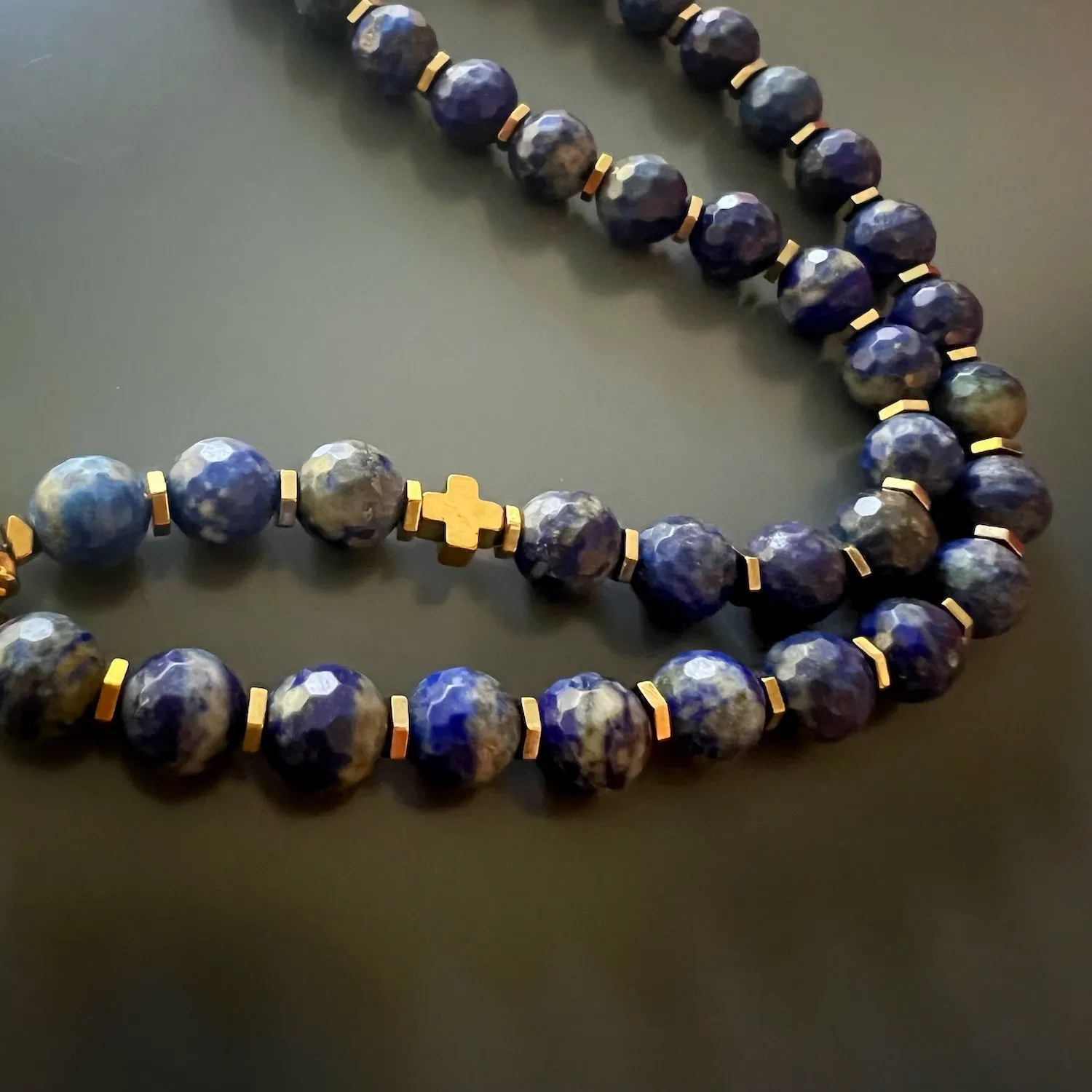 Gold Medusa Pendant Lapis Lazuli Stone Beaded Necklace