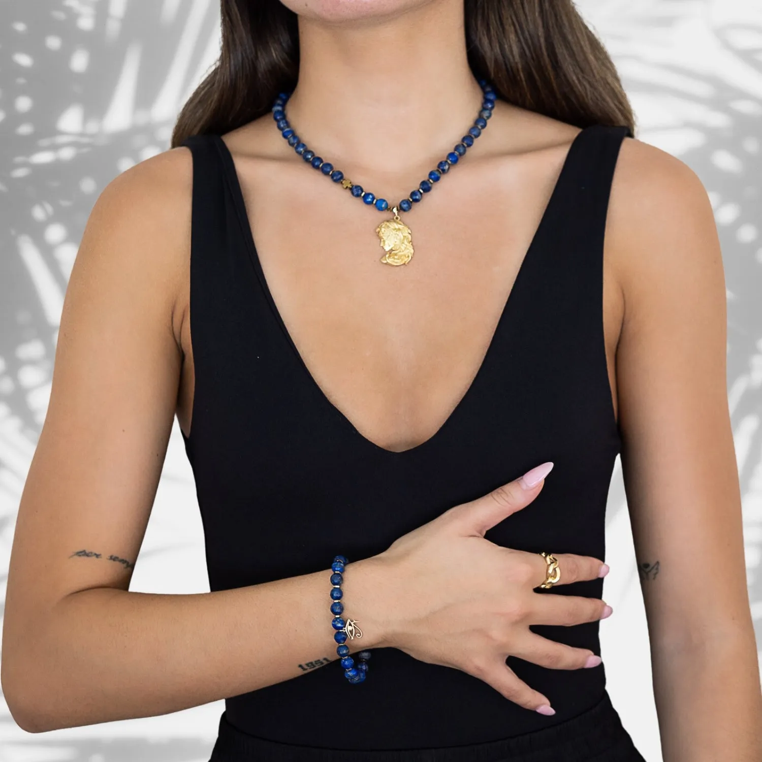 Gold Medusa Pendant Lapis Lazuli Stone Beaded Necklace