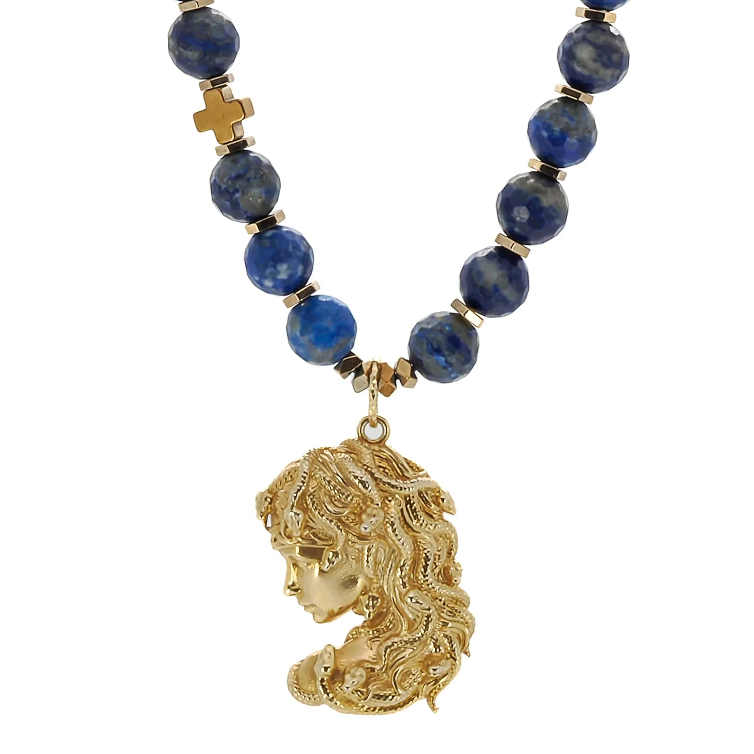 Gold Medusa Pendant Lapis Lazuli Stone Beaded Necklace
