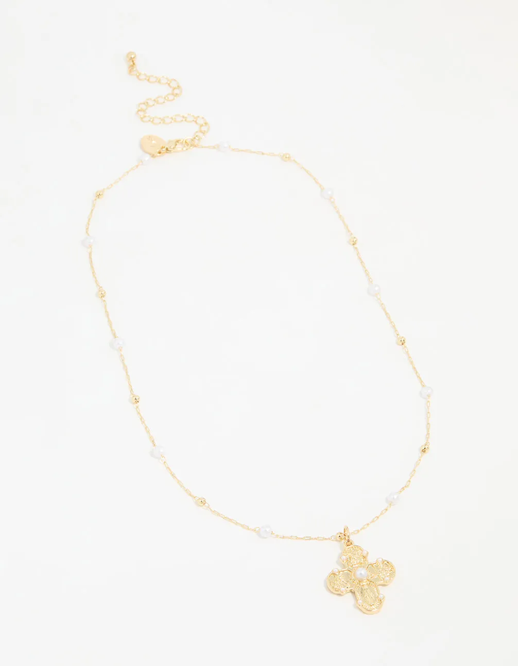 Gold Plated Pearl Station Cross Necklace