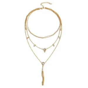 Gold Plated Trendy Pear Drop Cubic Zirconia Tassel Layered Choker Necklace