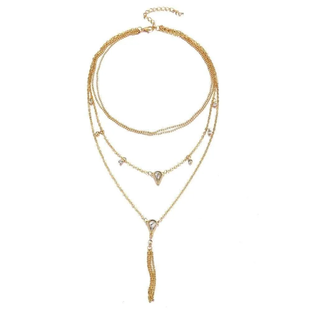 Gold Plated Trendy Pear Drop Cubic Zirconia Tassel Layered Choker Necklace