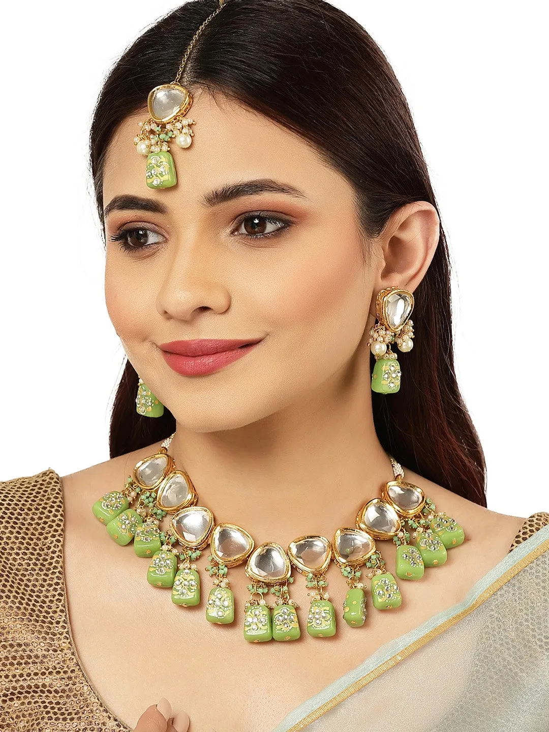 Gold-Plated White Kundan-Studded Beaded Jewellery Set