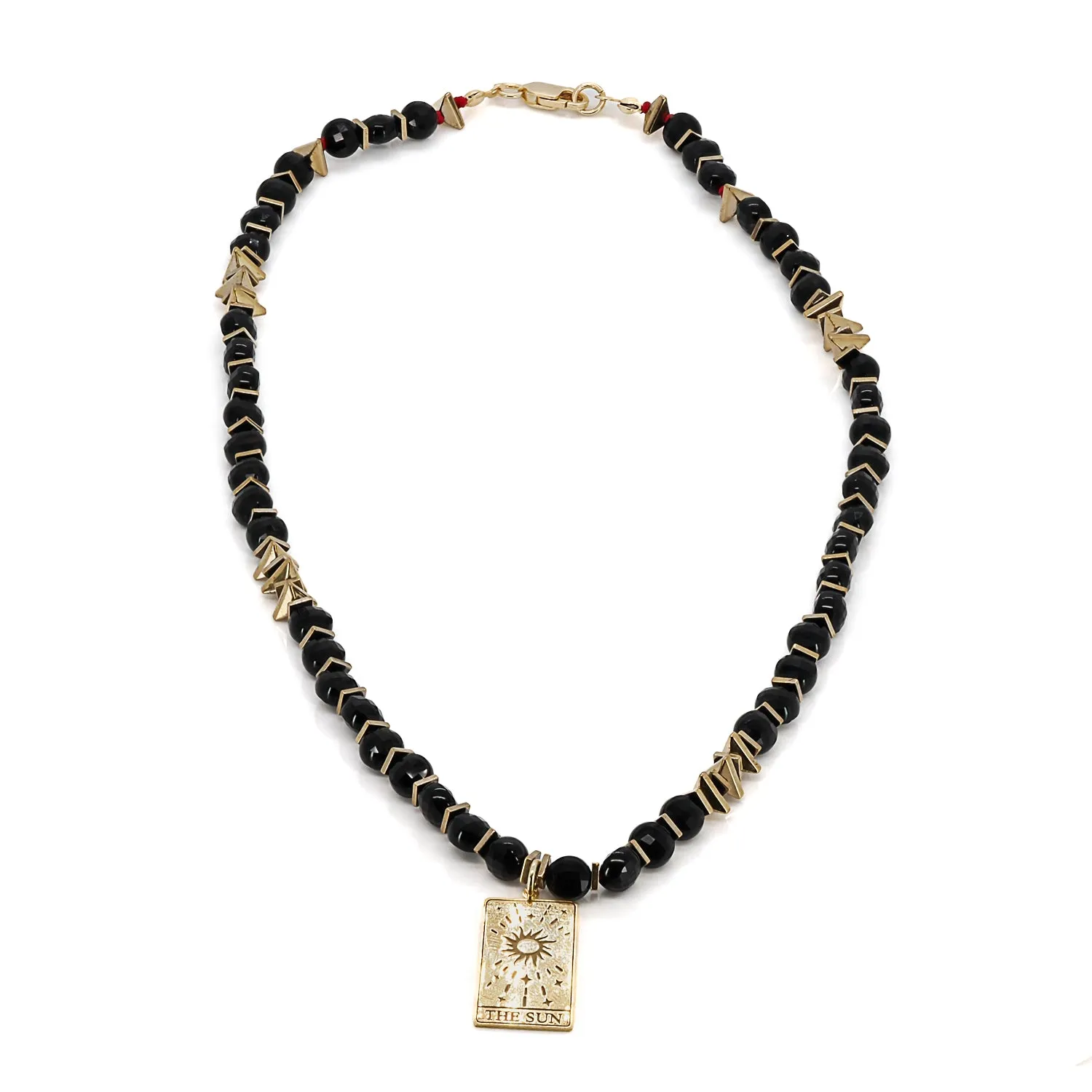 Gold Tarot Sun Card Pendant Black Onyx Stone Beaded Necklace