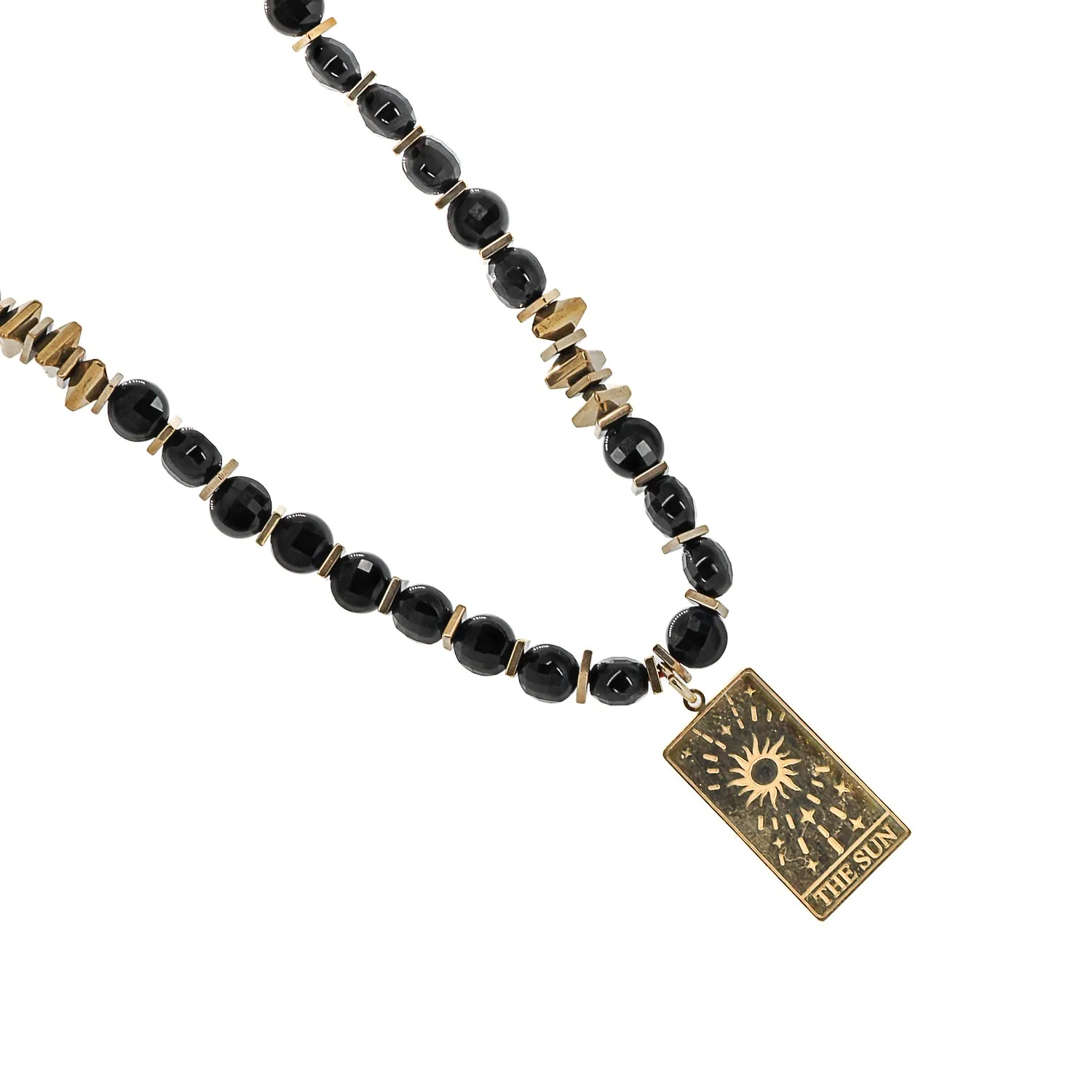 Gold Tarot Sun Card Pendant Black Onyx Stone Beaded Necklace