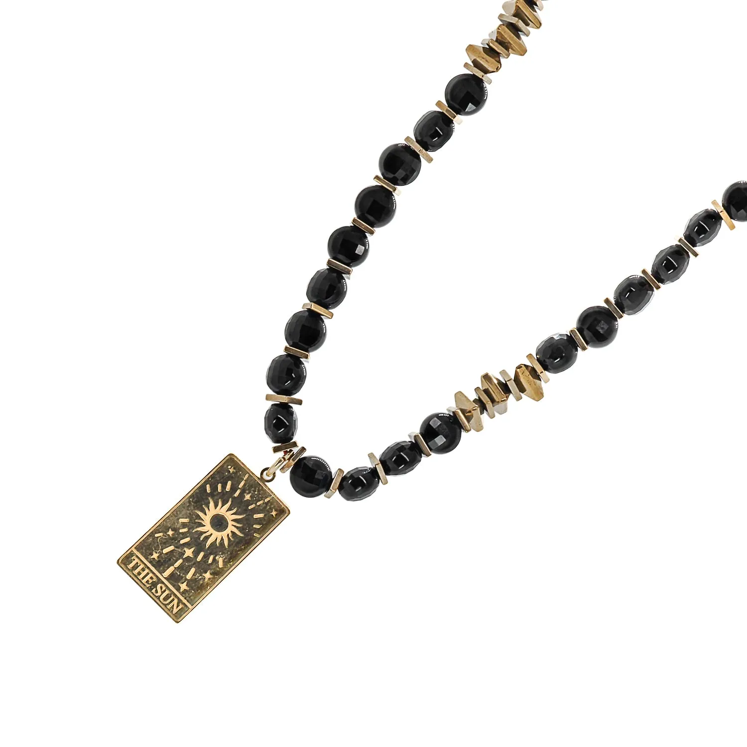 Gold Tarot Sun Card Pendant Black Onyx Stone Beaded Necklace