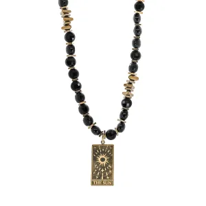 Gold Tarot Sun Card Pendant Black Onyx Stone Beaded Necklace