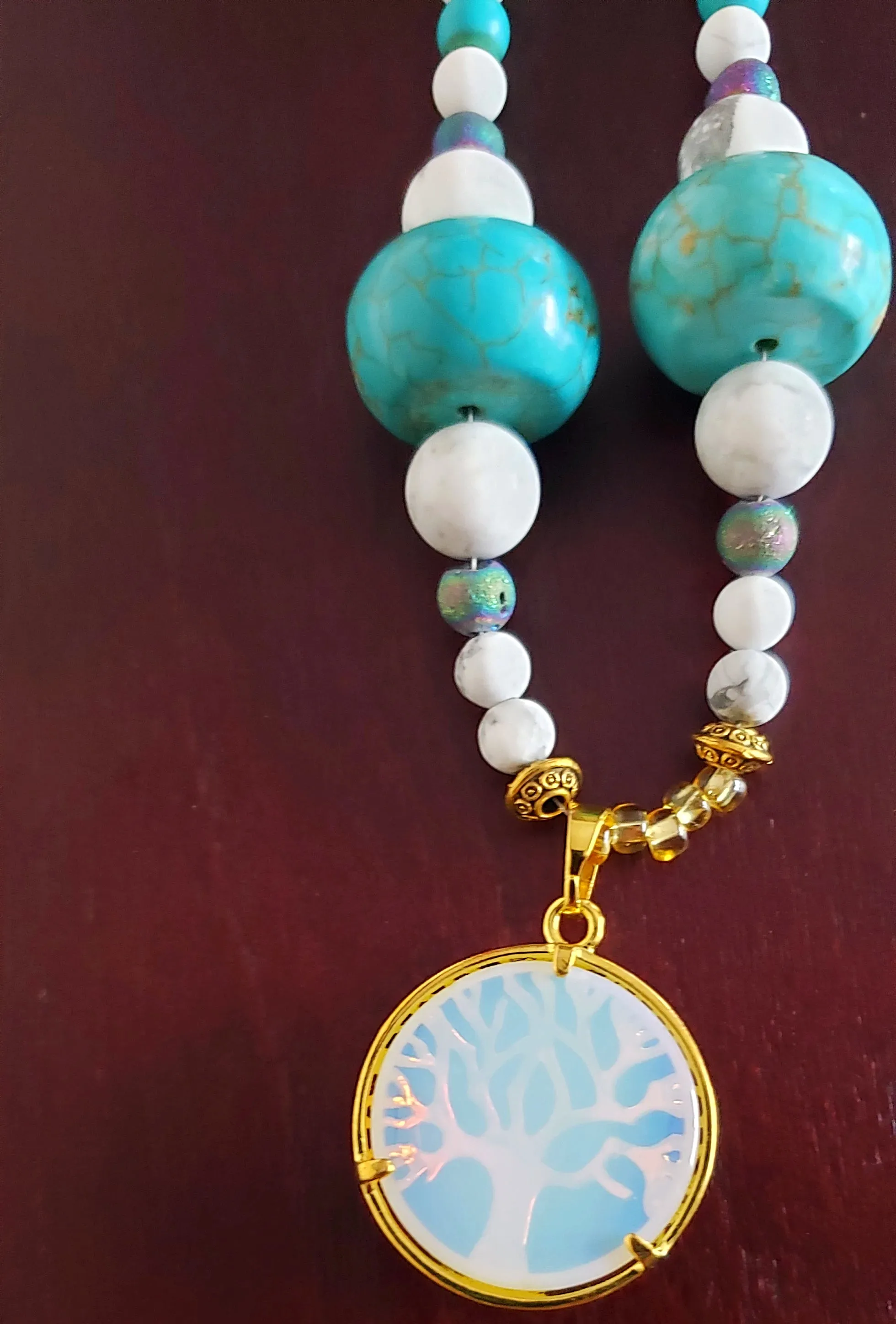 Gold-Tone Tree of Life Pendant Necklace with Opalite & Gemstones – Handmade Healing Crystal Jewelry