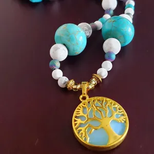 Gold-Tone Tree of Life Pendant Necklace with Opalite & Gemstones – Handmade Healing Crystal Jewelry