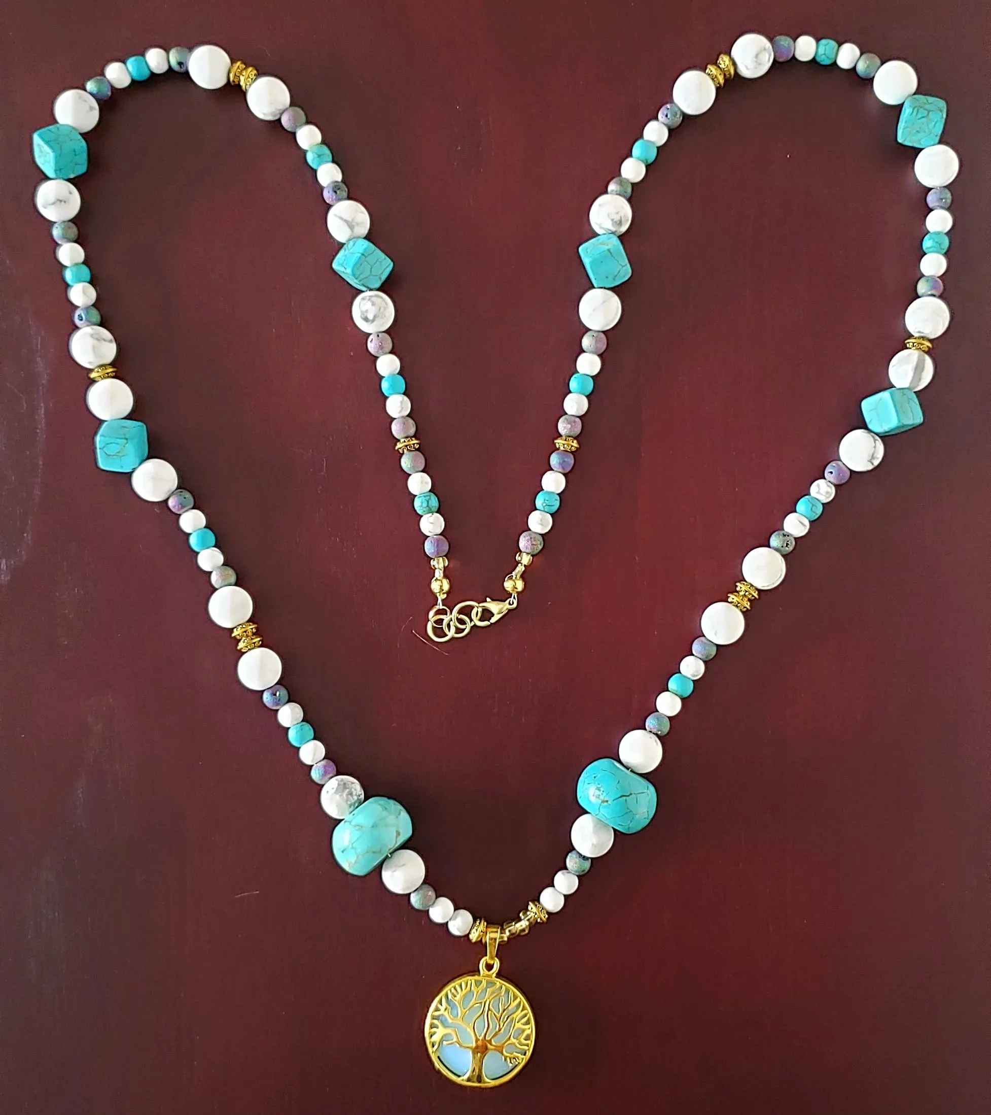 Gold-Tone Tree of Life Pendant Necklace with Opalite & Gemstones – Handmade Healing Crystal Jewelry