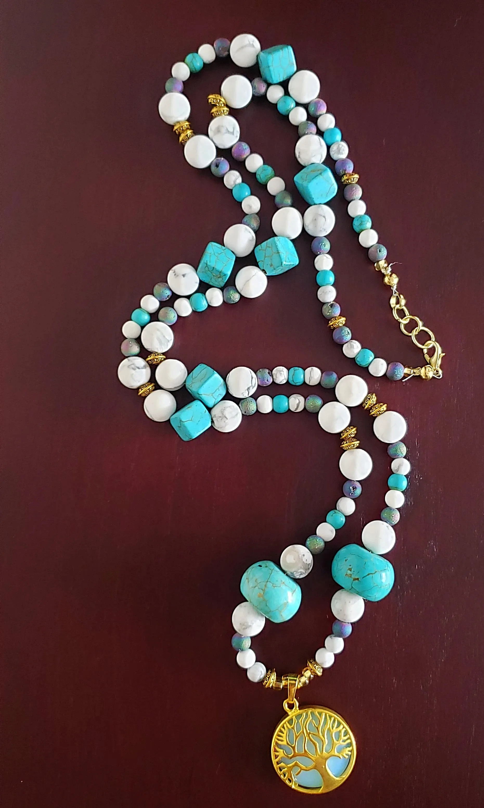 Gold-Tone Tree of Life Pendant Necklace with Opalite & Gemstones – Handmade Healing Crystal Jewelry
