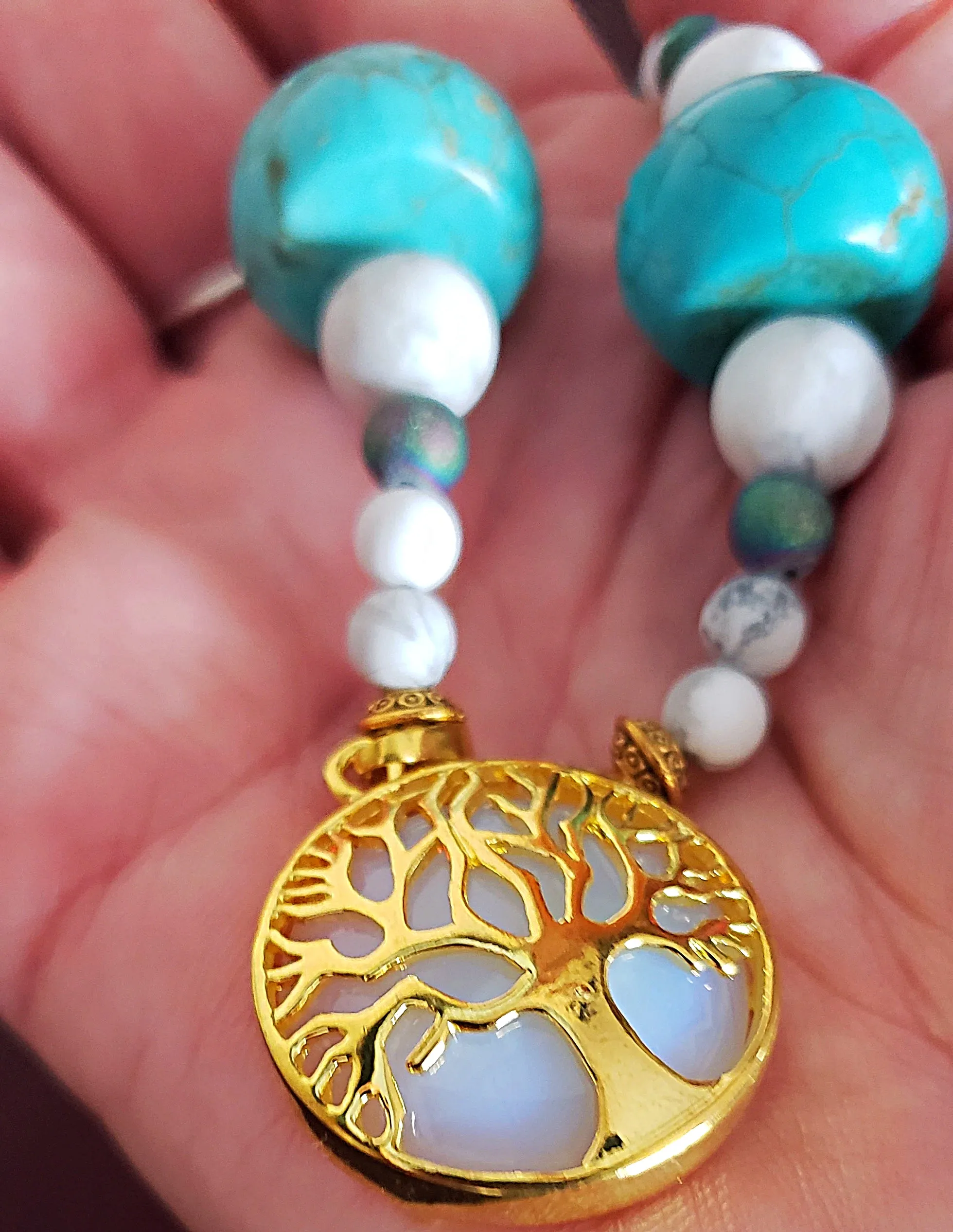 Gold-Tone Tree of Life Pendant Necklace with Opalite & Gemstones – Handmade Healing Crystal Jewelry