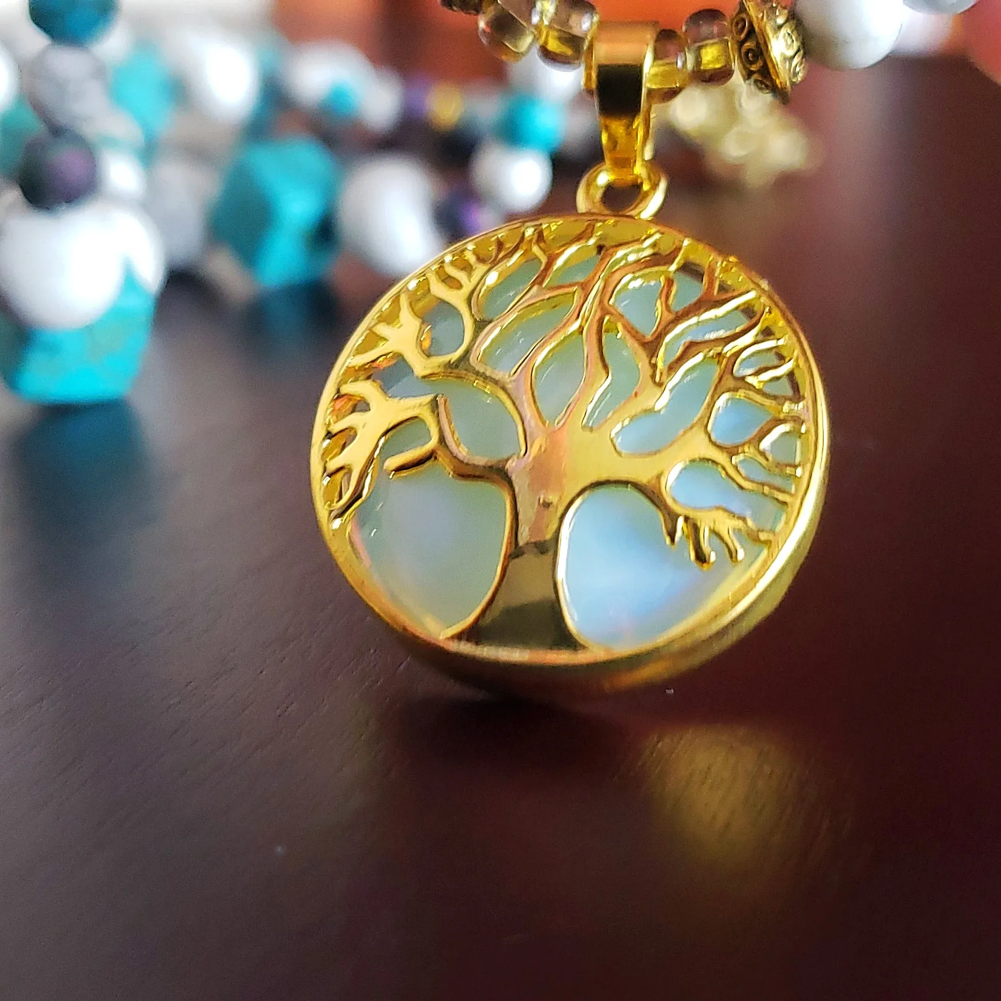 Gold-Tone Tree of Life Pendant Necklace with Opalite & Gemstones – Handmade Healing Crystal Jewelry