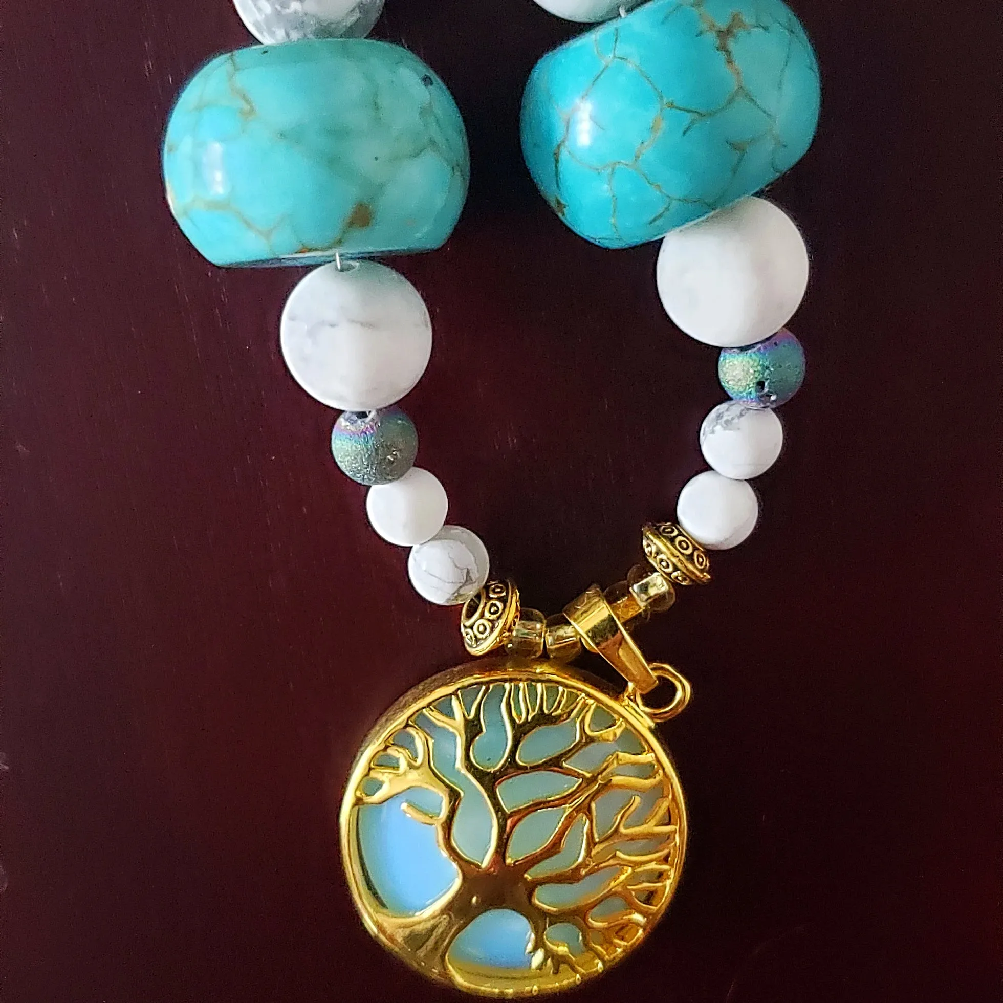 Gold-Tone Tree of Life Pendant Necklace with Opalite & Gemstones – Handmade Healing Crystal Jewelry