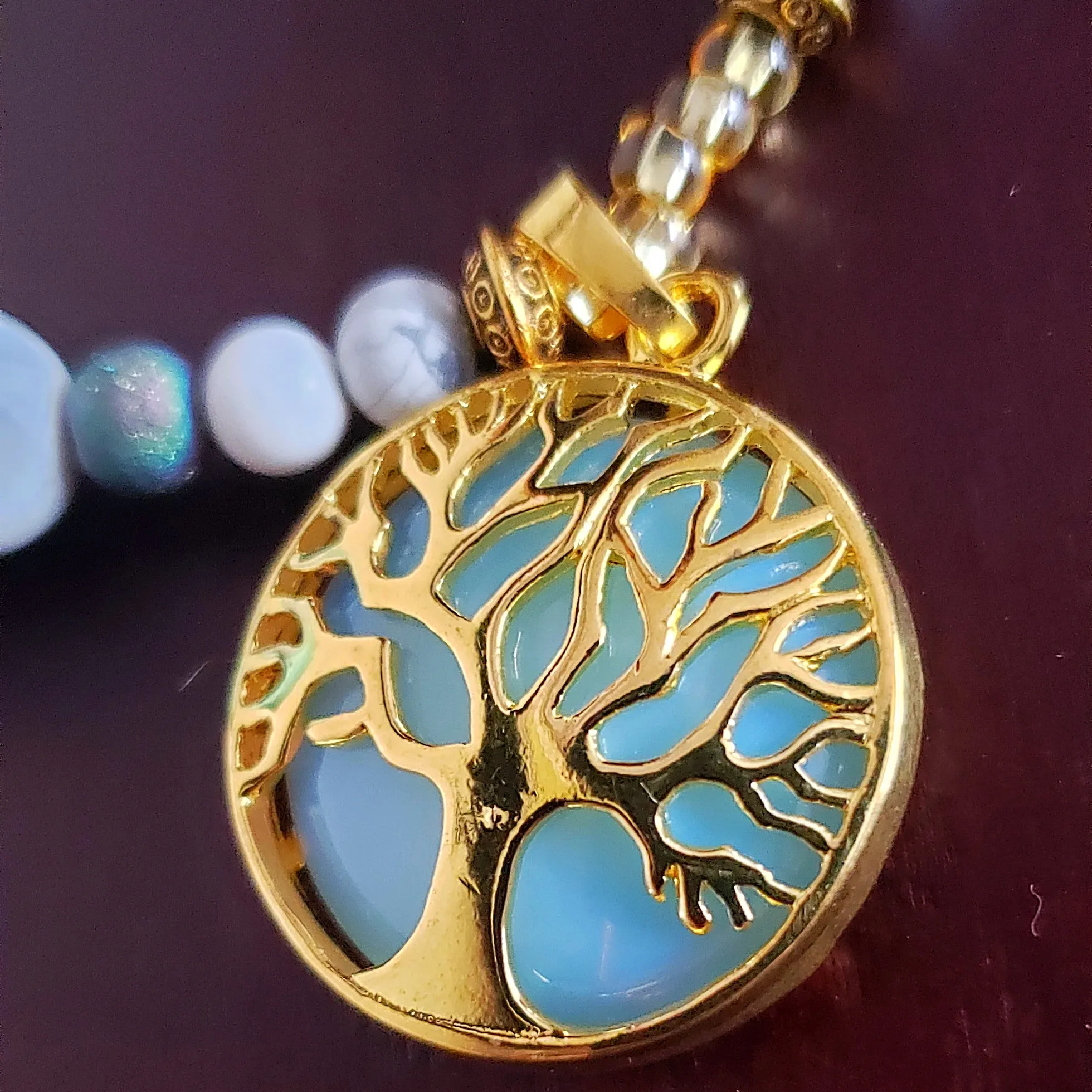 Gold-Tone Tree of Life Pendant Necklace with Opalite & Gemstones – Handmade Healing Crystal Jewelry