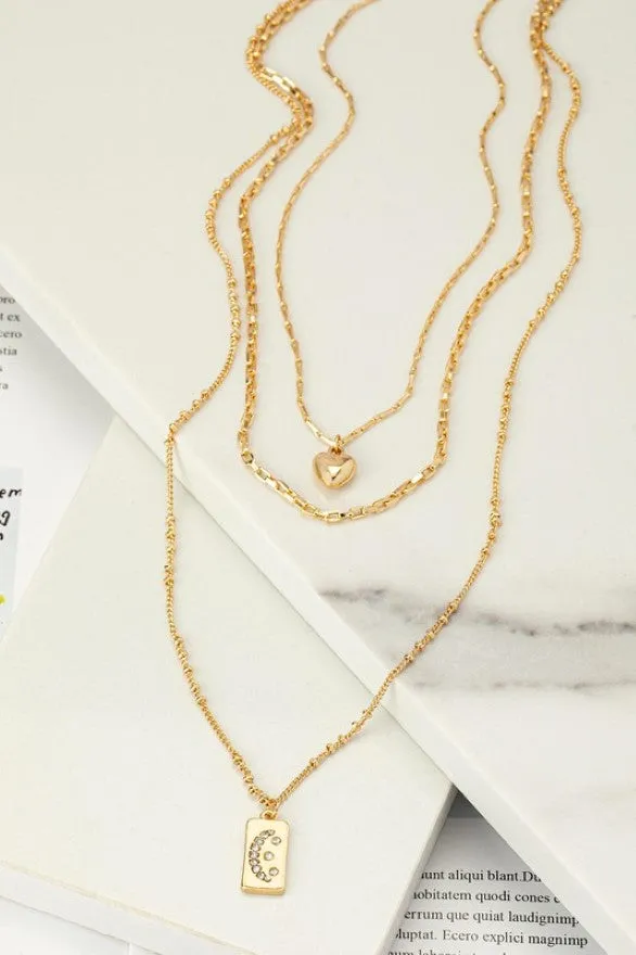 Goldtone Puff Heart Pendant Trio Layering Necklace Set