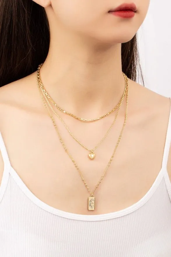 Goldtone Puff Heart Pendant Trio Layering Necklace Set