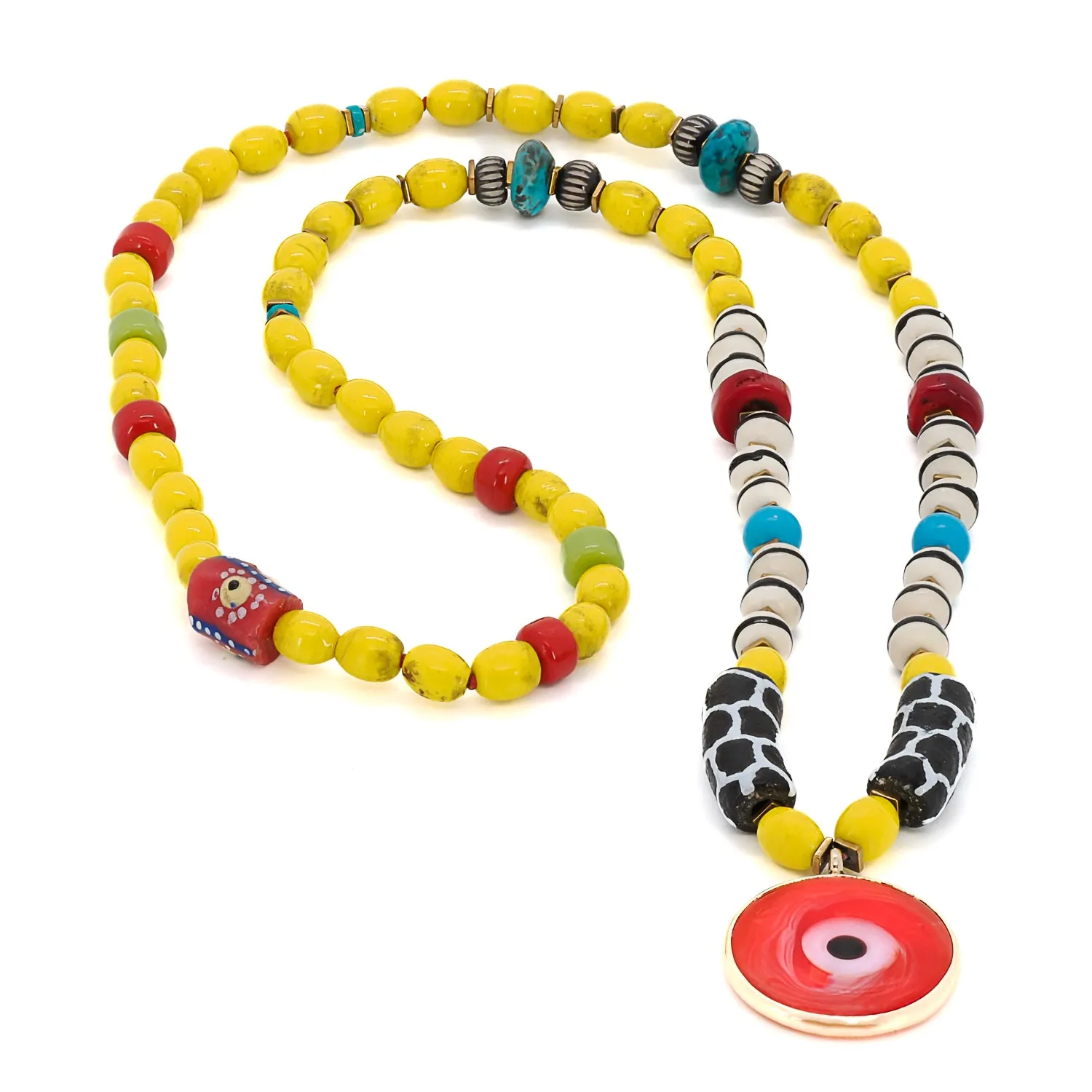Good Fortune Red Evil Eye Pendant African Beaded Colorful Unique Necklace
