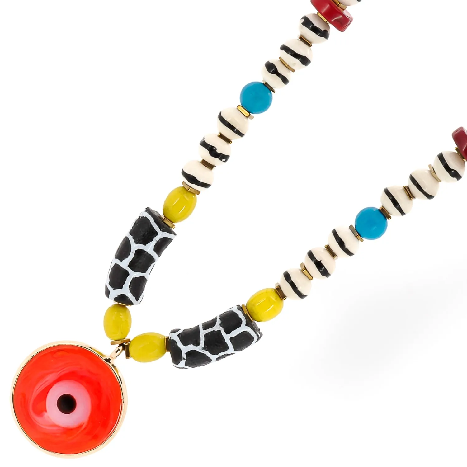 Good Fortune Red Evil Eye Pendant African Beaded Colorful Unique Necklace