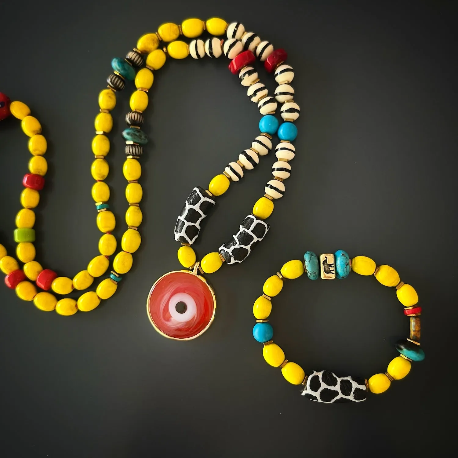 Good Fortune Red Evil Eye Pendant African Beaded Colorful Unique Necklace