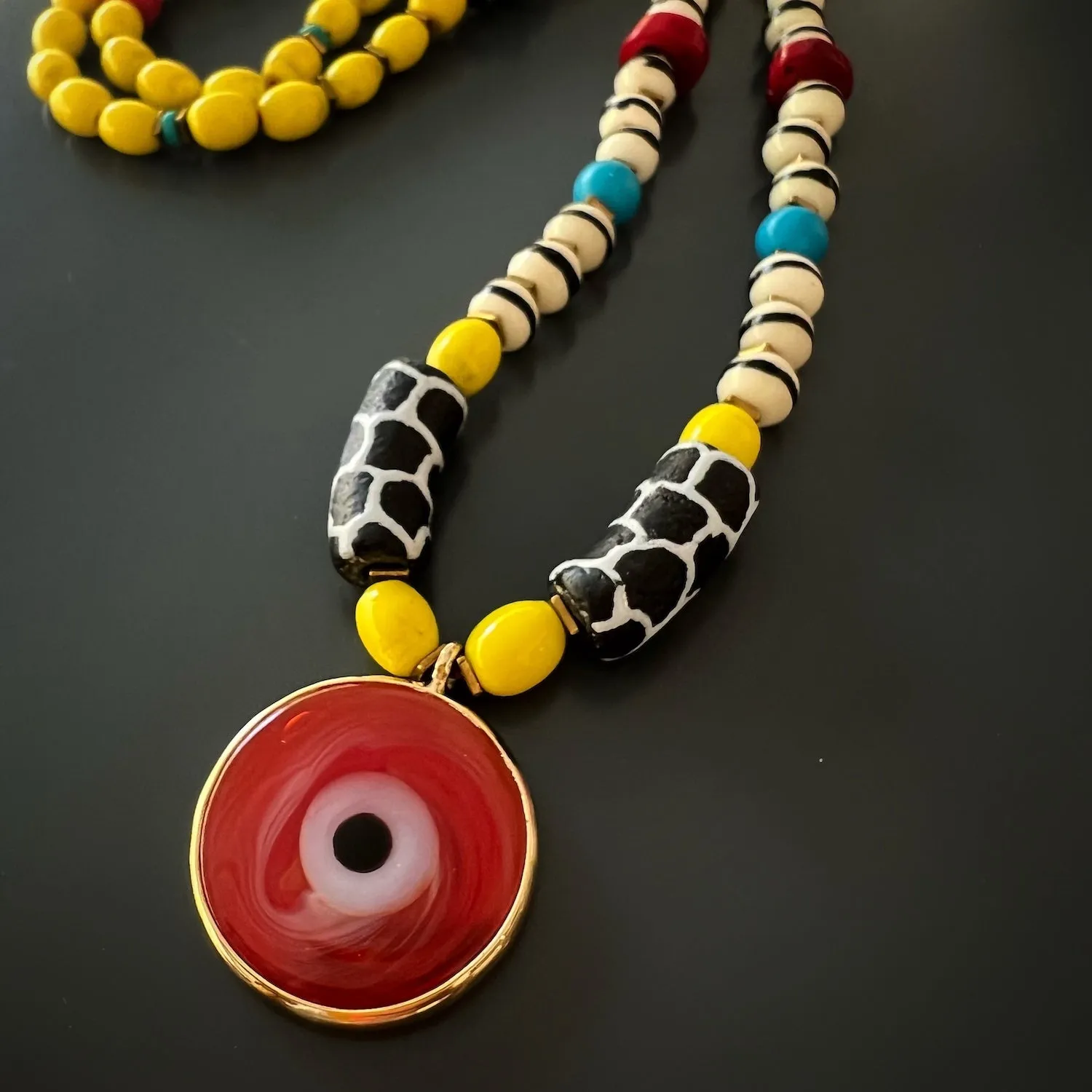 Good Fortune Red Evil Eye Pendant African Beaded Colorful Unique Necklace