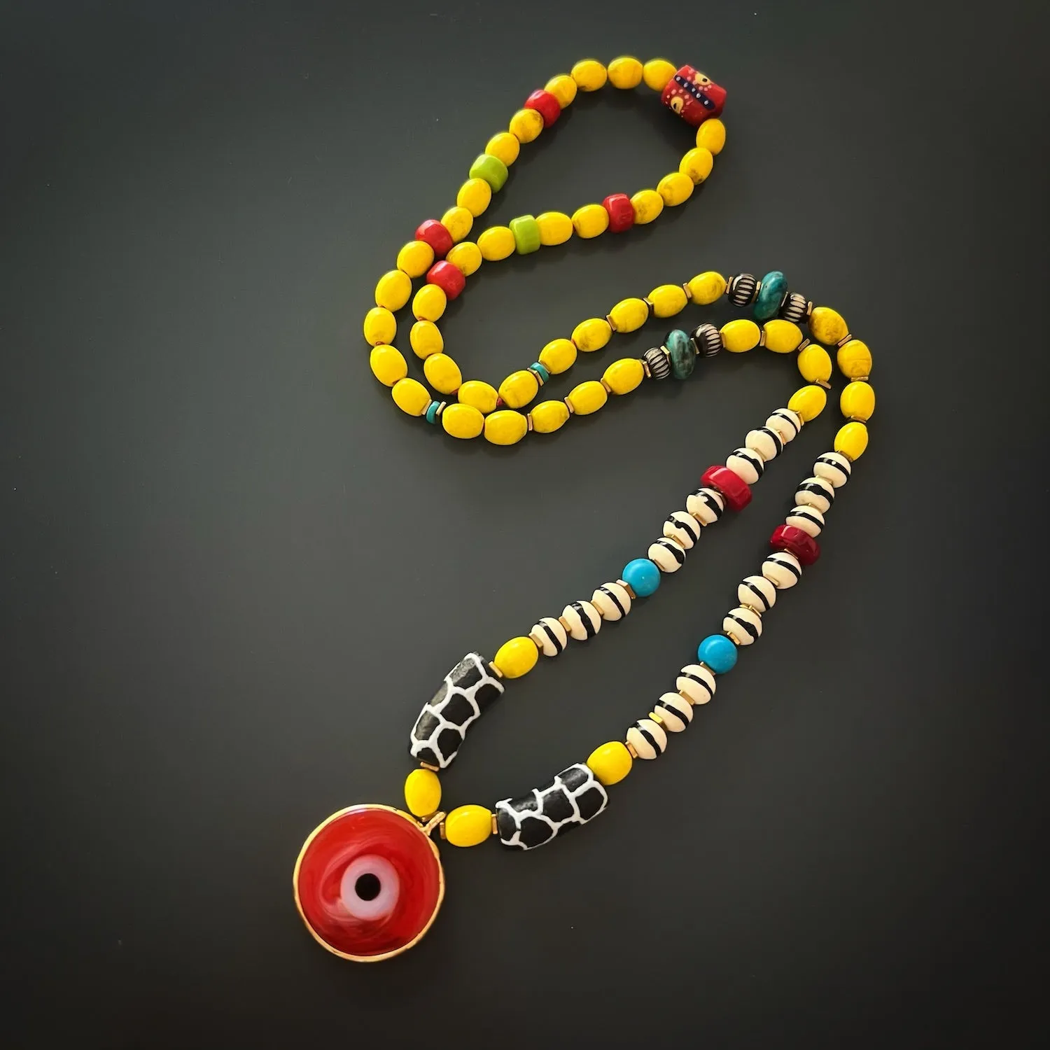 Good Fortune Red Evil Eye Pendant African Beaded Colorful Unique Necklace