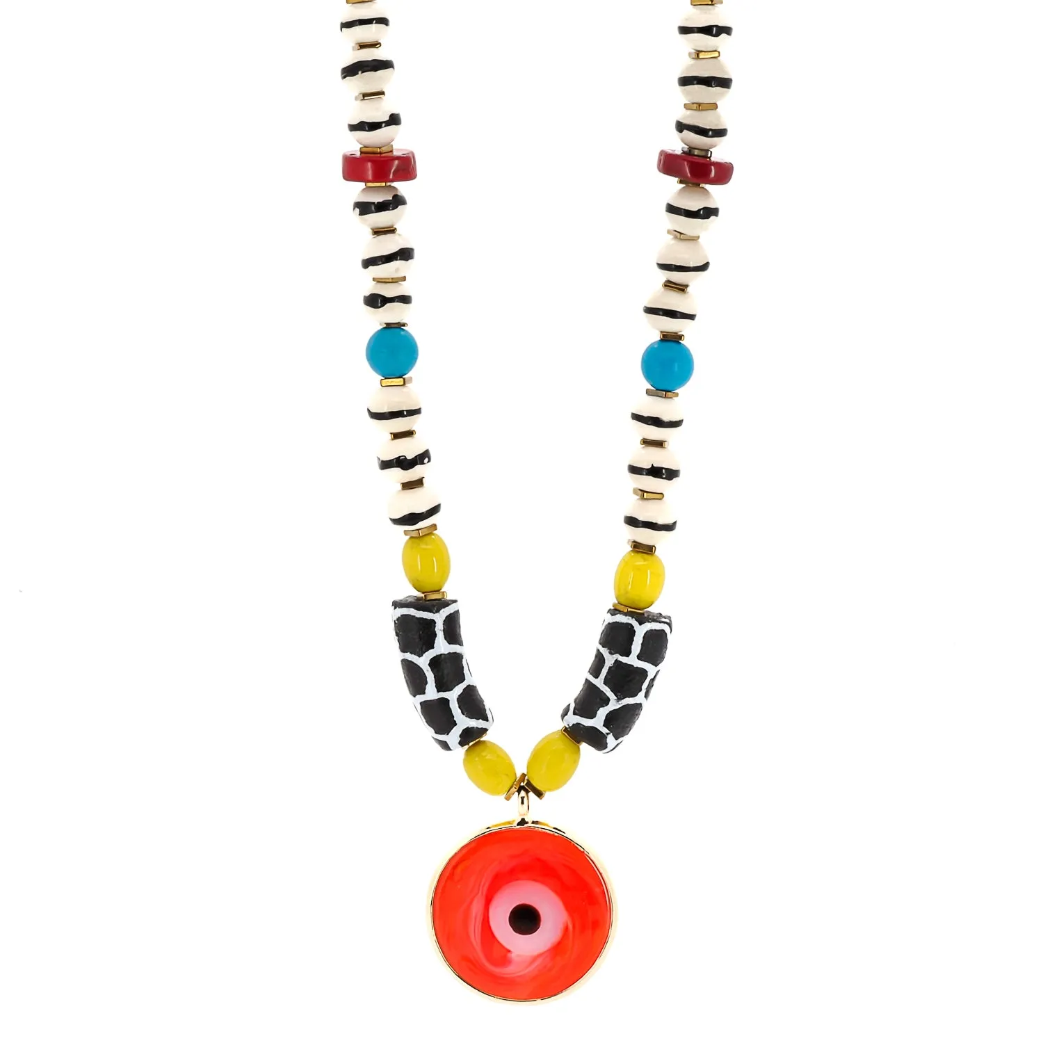 Good Fortune Red Evil Eye Pendant African Beaded Colorful Unique Necklace