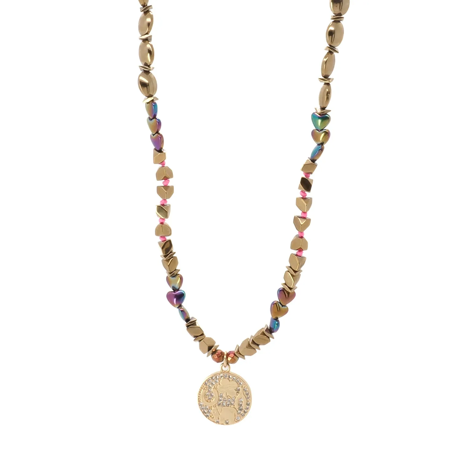 Good Luck Symbol Design Pendant Hematite Beaded Necklace