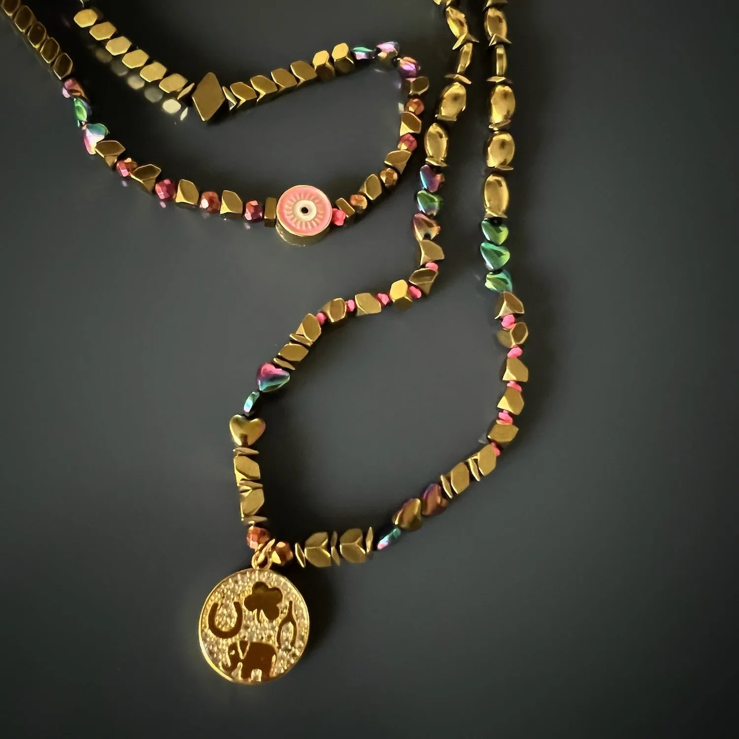 Good Luck Symbol Design Pendant Hematite Beaded Necklace