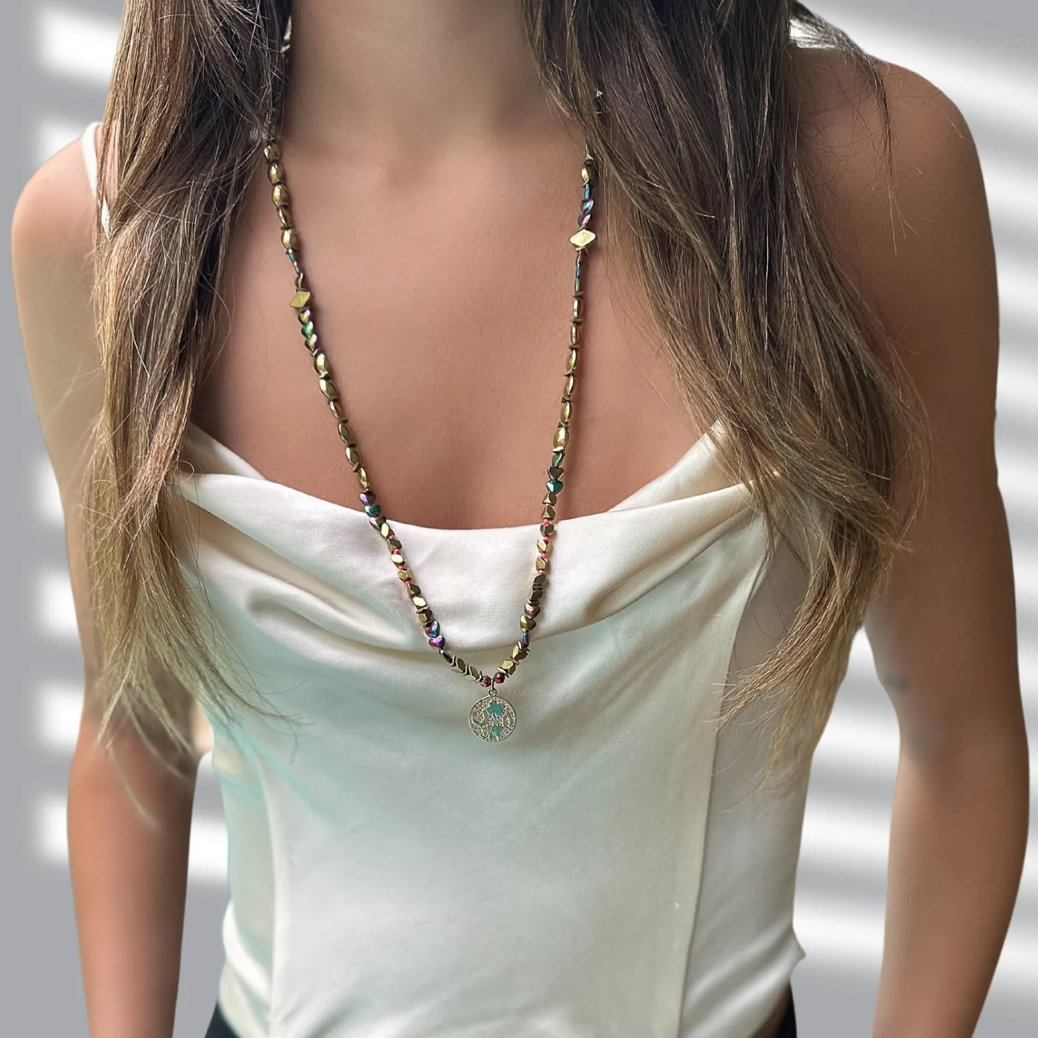 Good Luck Symbol Design Pendant Hematite Beaded Necklace