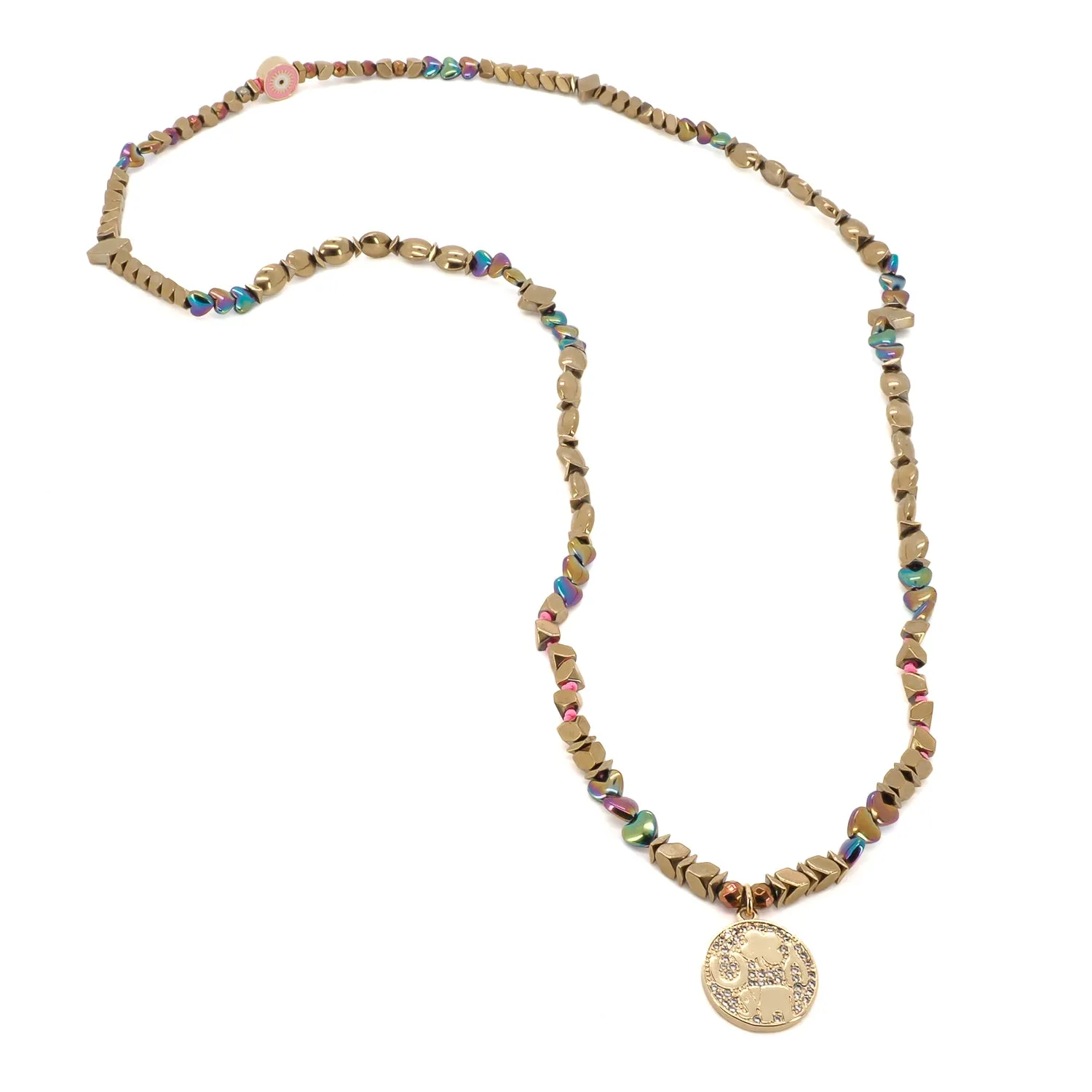 Good Luck Symbol Design Pendant Hematite Beaded Necklace