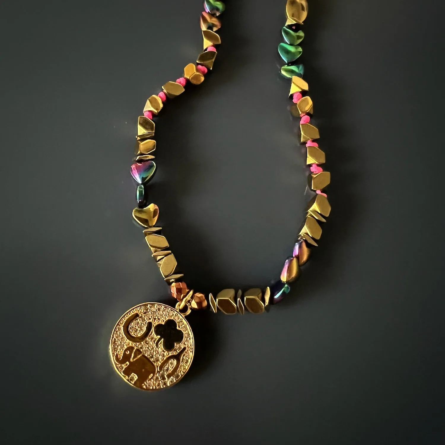 Good Luck Symbol Design Pendant Hematite Beaded Necklace