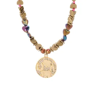 Good Luck Symbol Design Pendant Hematite Beaded Necklace