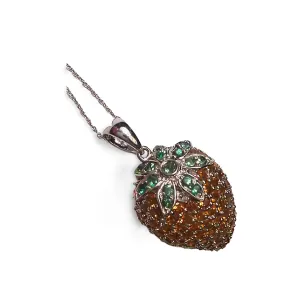 Gorgeous 14K White Gold Orange Citrine Tsavorite Strawberry Pendant Necklace