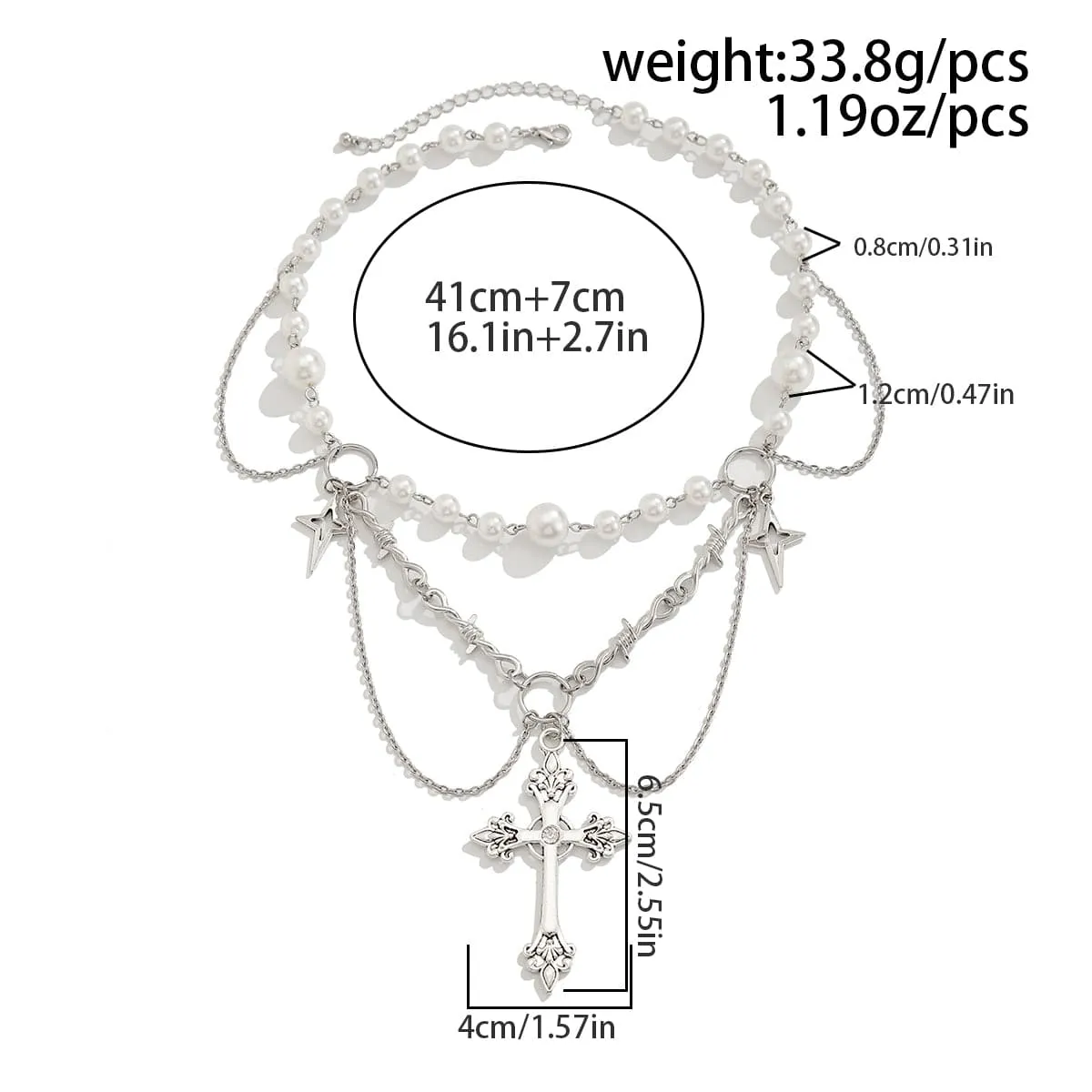 Gothic Layered Cross Star Pendant Pearl Chain Choker Necklace