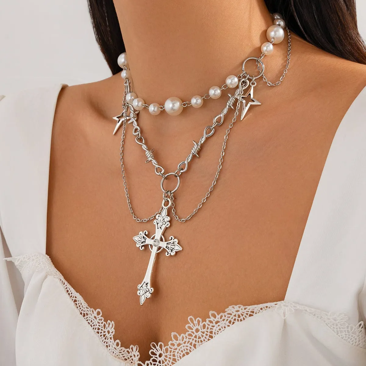 Gothic Layered Cross Star Pendant Pearl Chain Choker Necklace