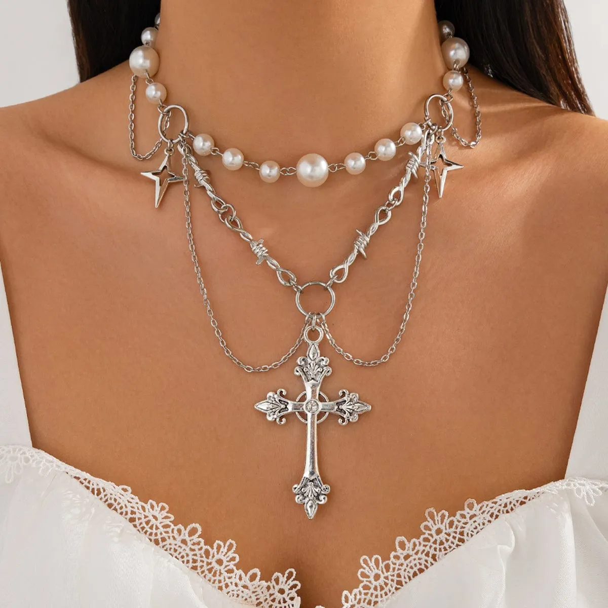 Gothic Layered Cross Star Pendant Pearl Chain Choker Necklace