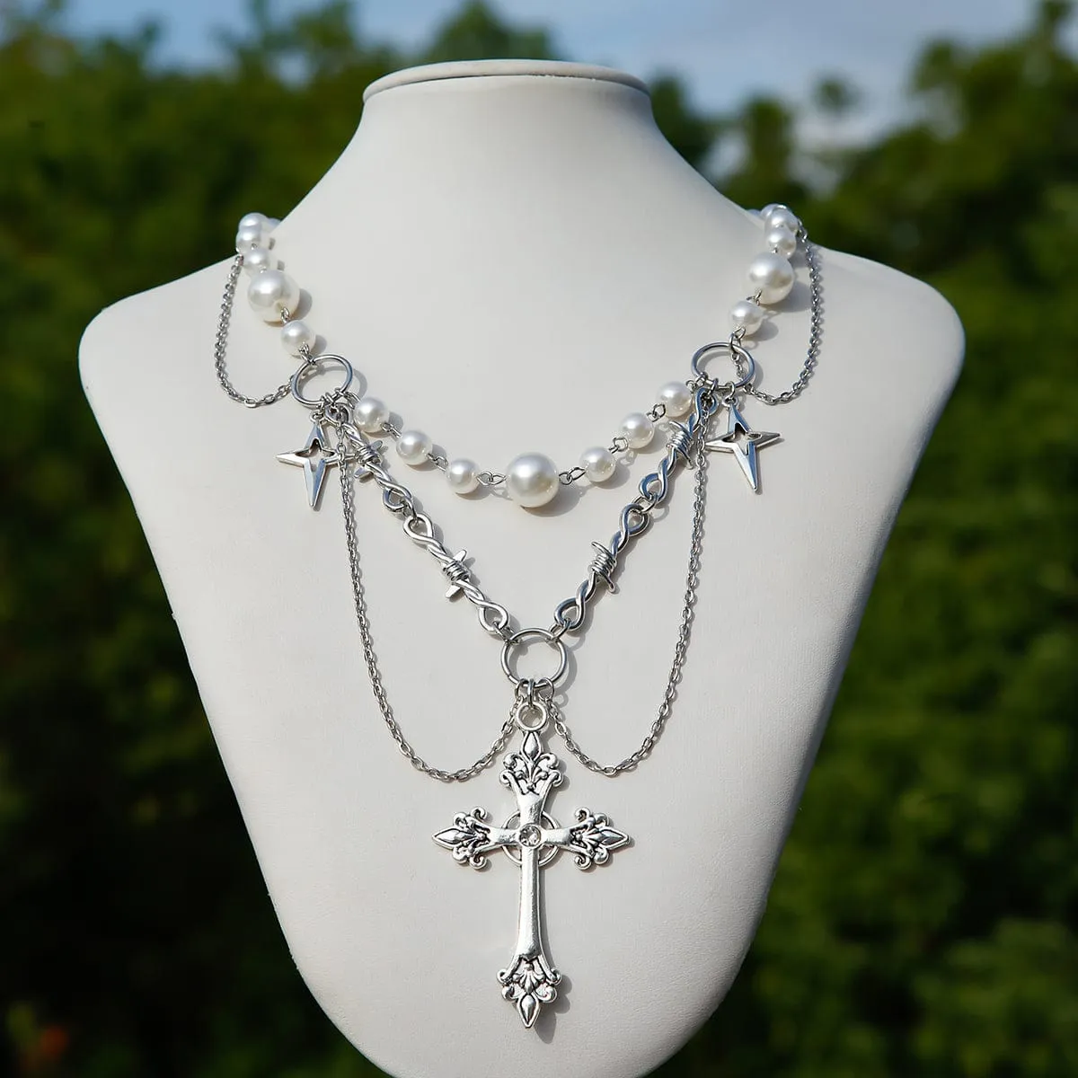 Gothic Layered Cross Star Pendant Pearl Chain Choker Necklace