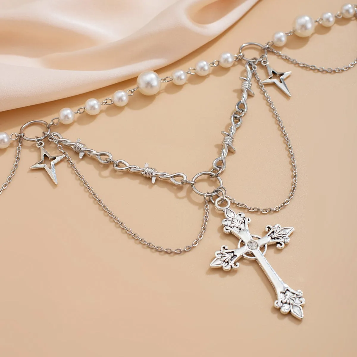 Gothic Layered Cross Star Pendant Pearl Chain Choker Necklace