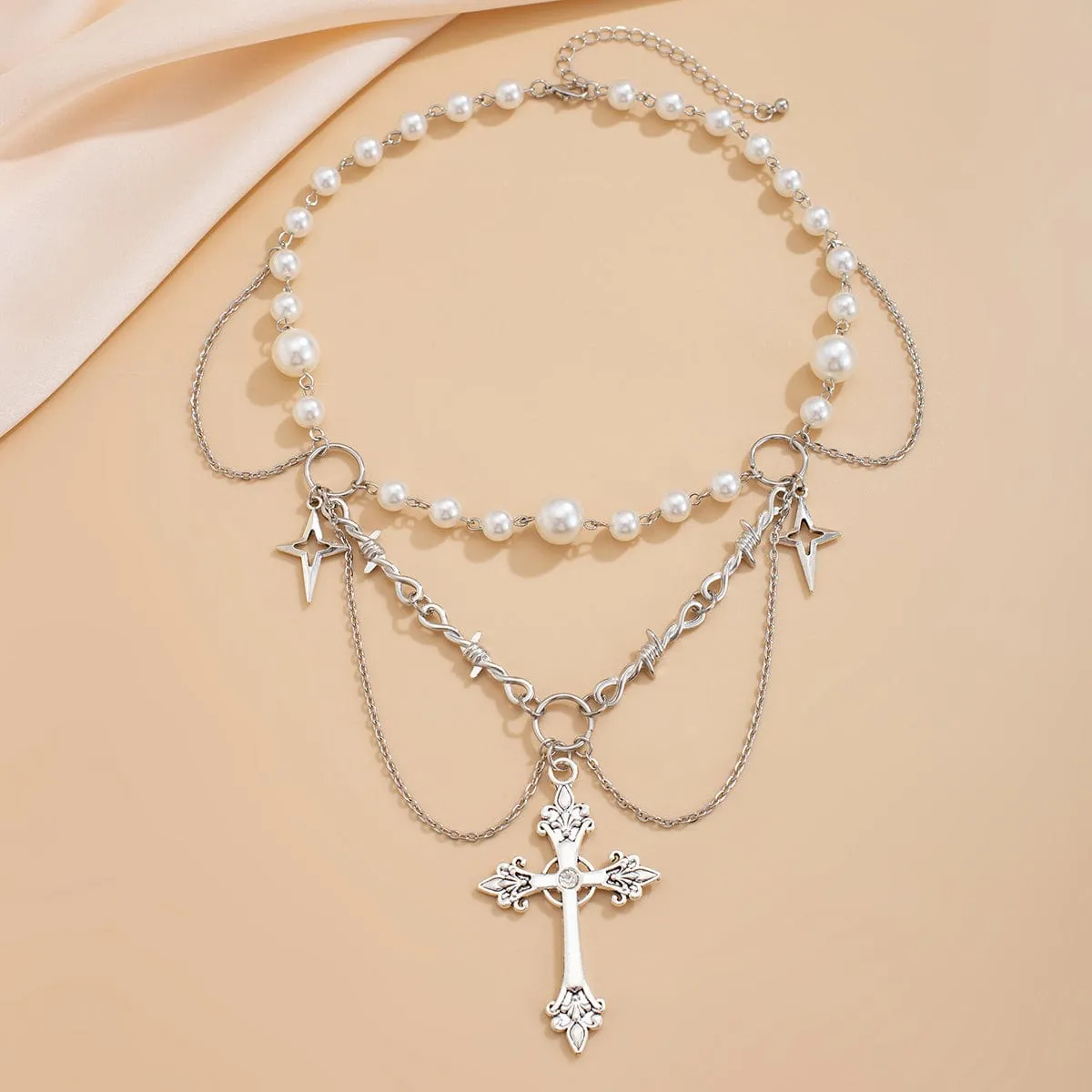 Gothic Layered Cross Star Pendant Pearl Chain Choker Necklace