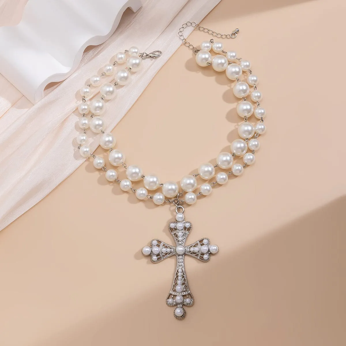 Gothic Layered Crystal Inlay Cross Pendant Pearl Chain Choker Necklace