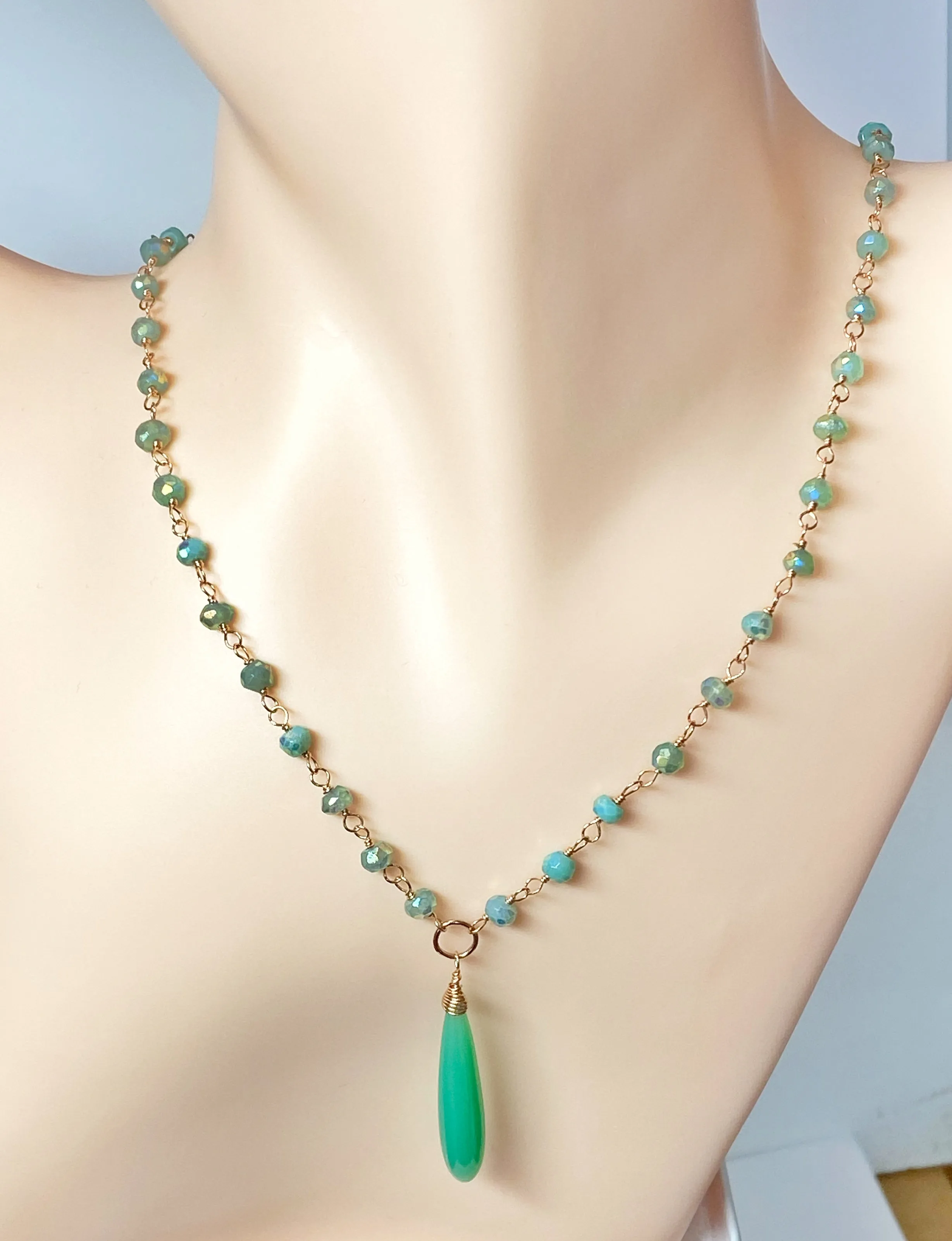 Green Chrysoprase, Rose Gold Wire Wrapped Pendant Necklace