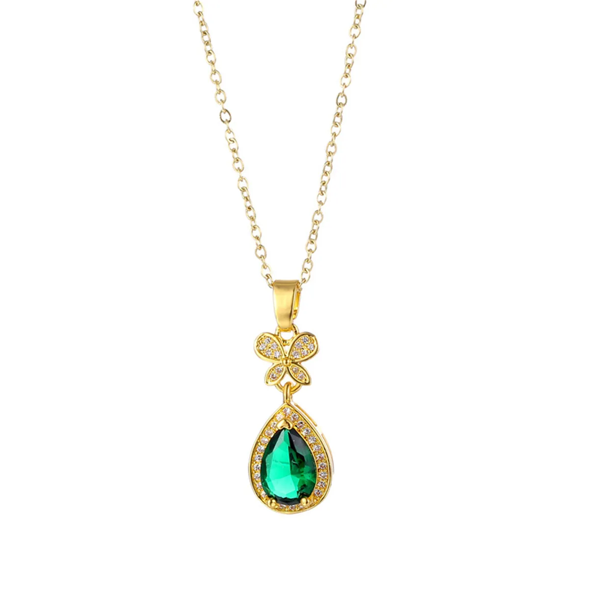 Green Crystal & Cubic Zirconia Butterfly Drop Pendant Necklace