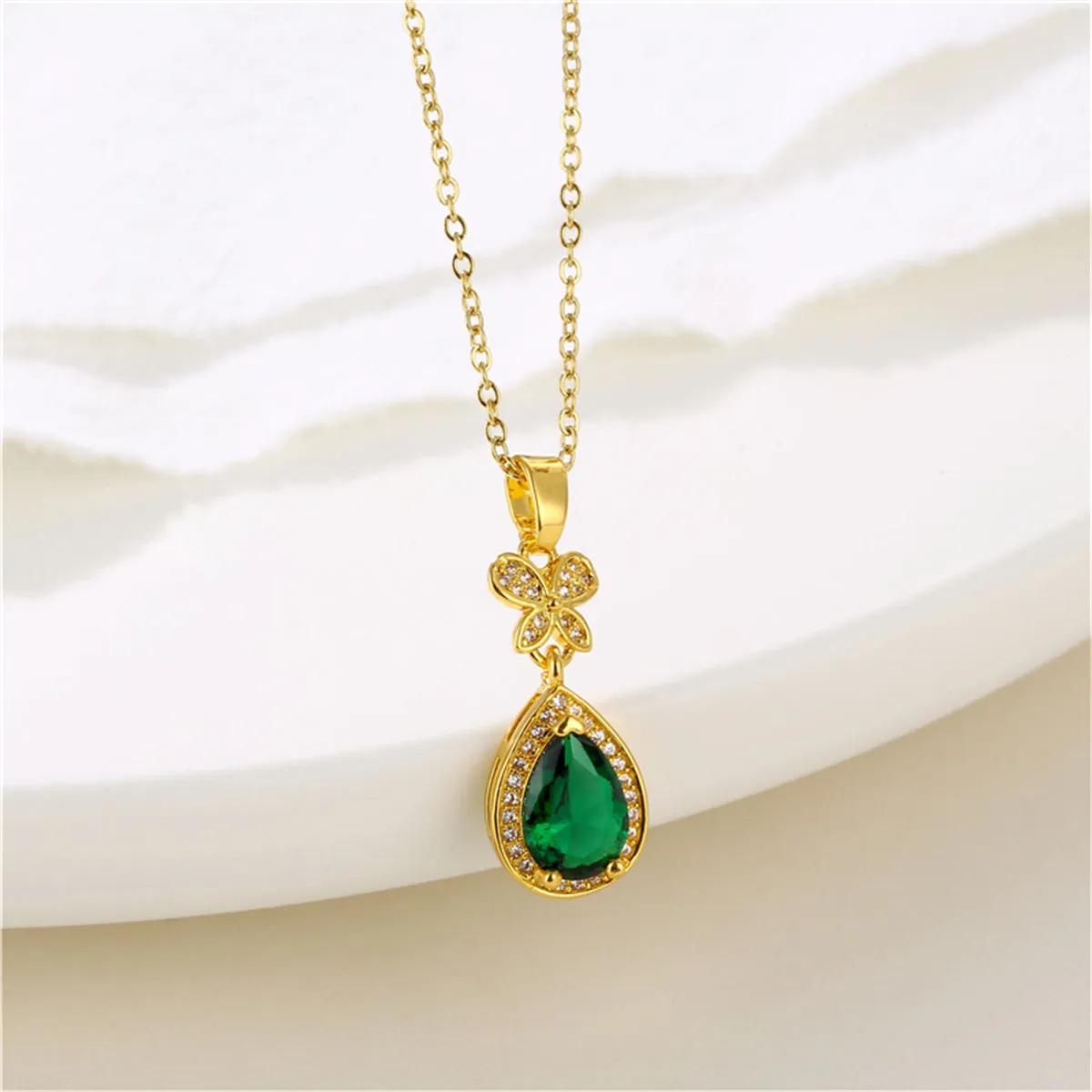 Green Crystal & Cubic Zirconia Butterfly Drop Pendant Necklace