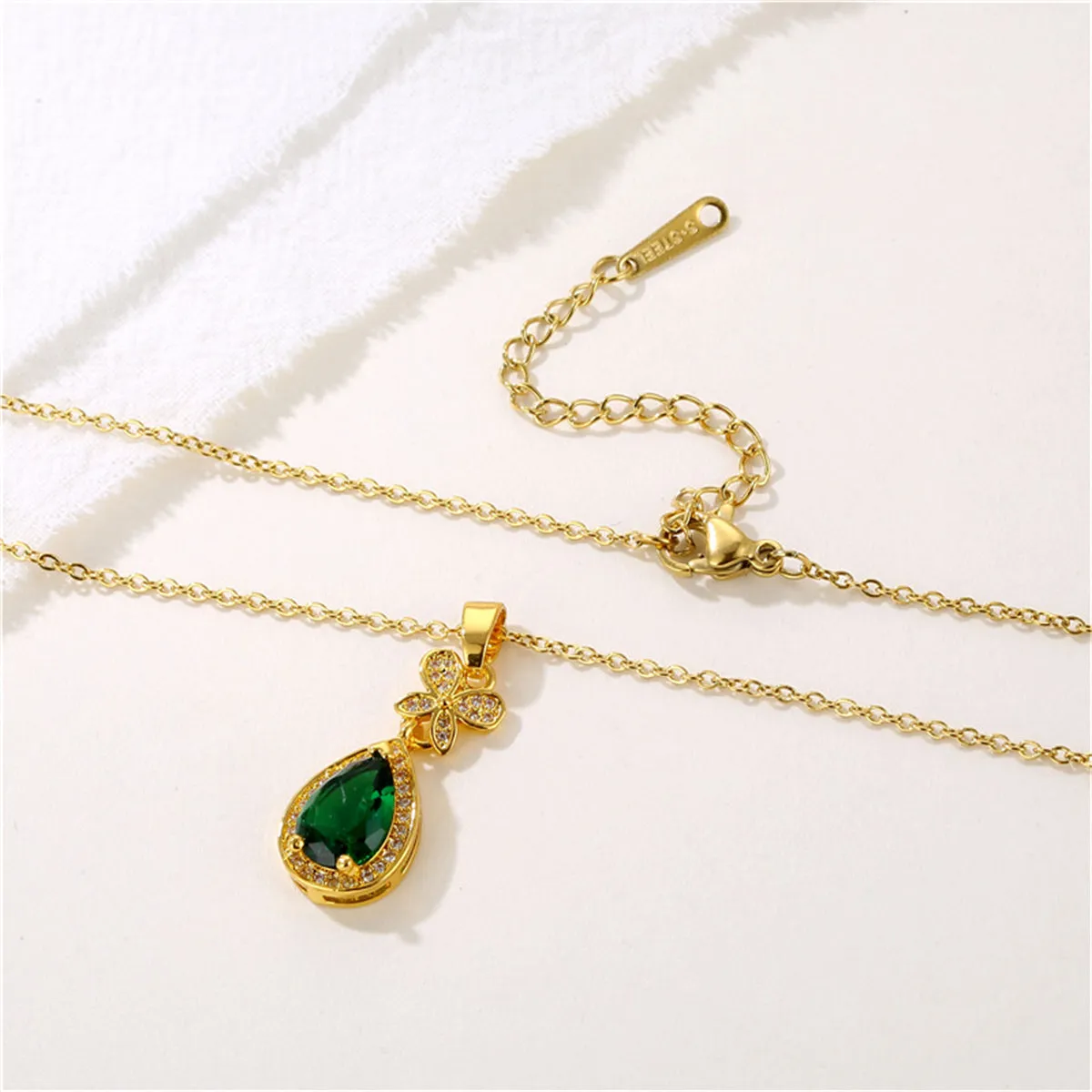 Green Crystal & Cubic Zirconia Butterfly Drop Pendant Necklace